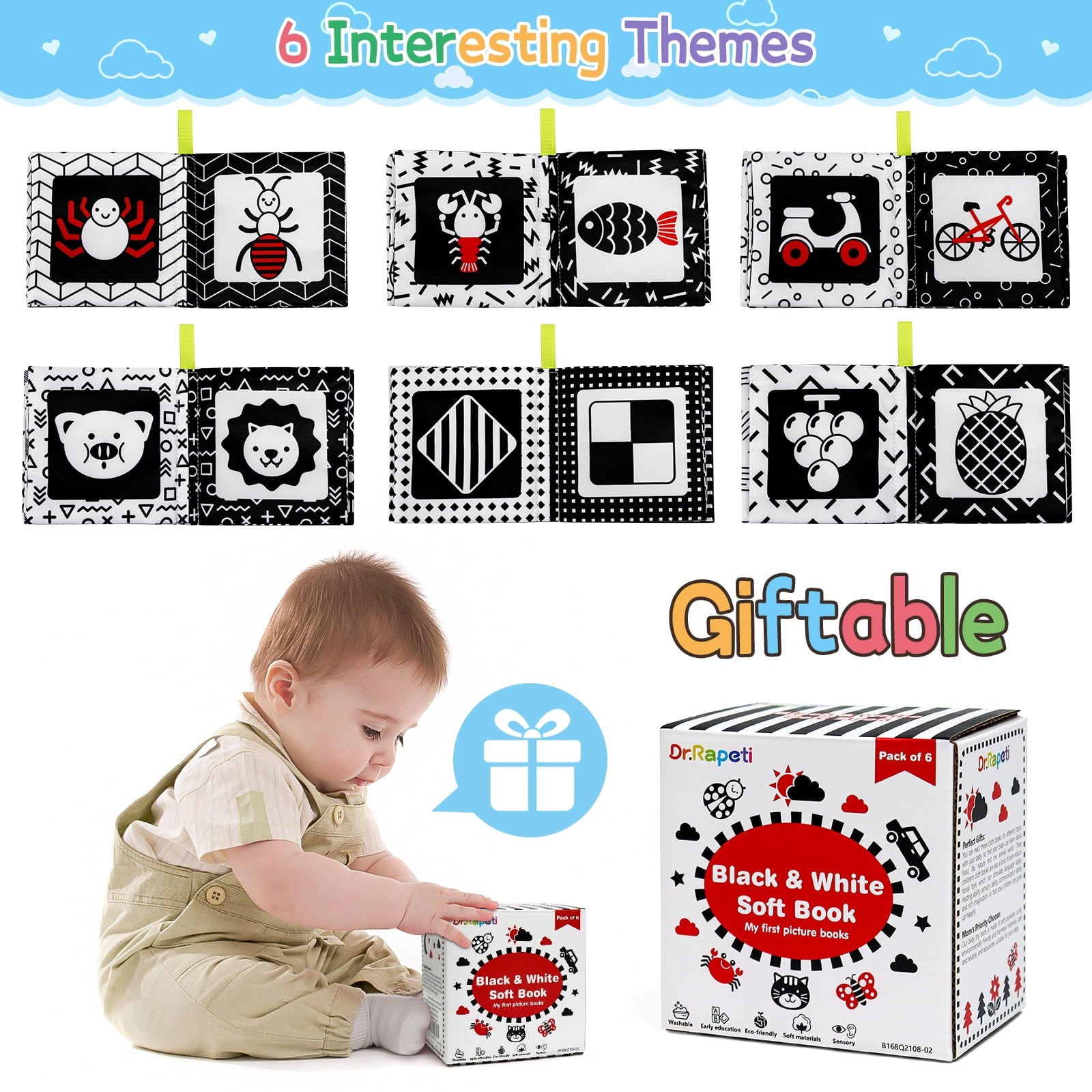 Dr.Rapeti Soft Cloth Books Baby Books Bath Books 6-Pack for Baby Infant Toddler Kids High Contrast Black and White Crinkle Washable Giftable
