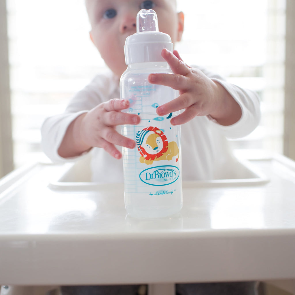 Dr. Brown's Milestones Narrow Sippy Bottle, 100% Silicone Spout, 8oz/250ml, 6m+, BPA Free, Fox/Lion, 2 Pack