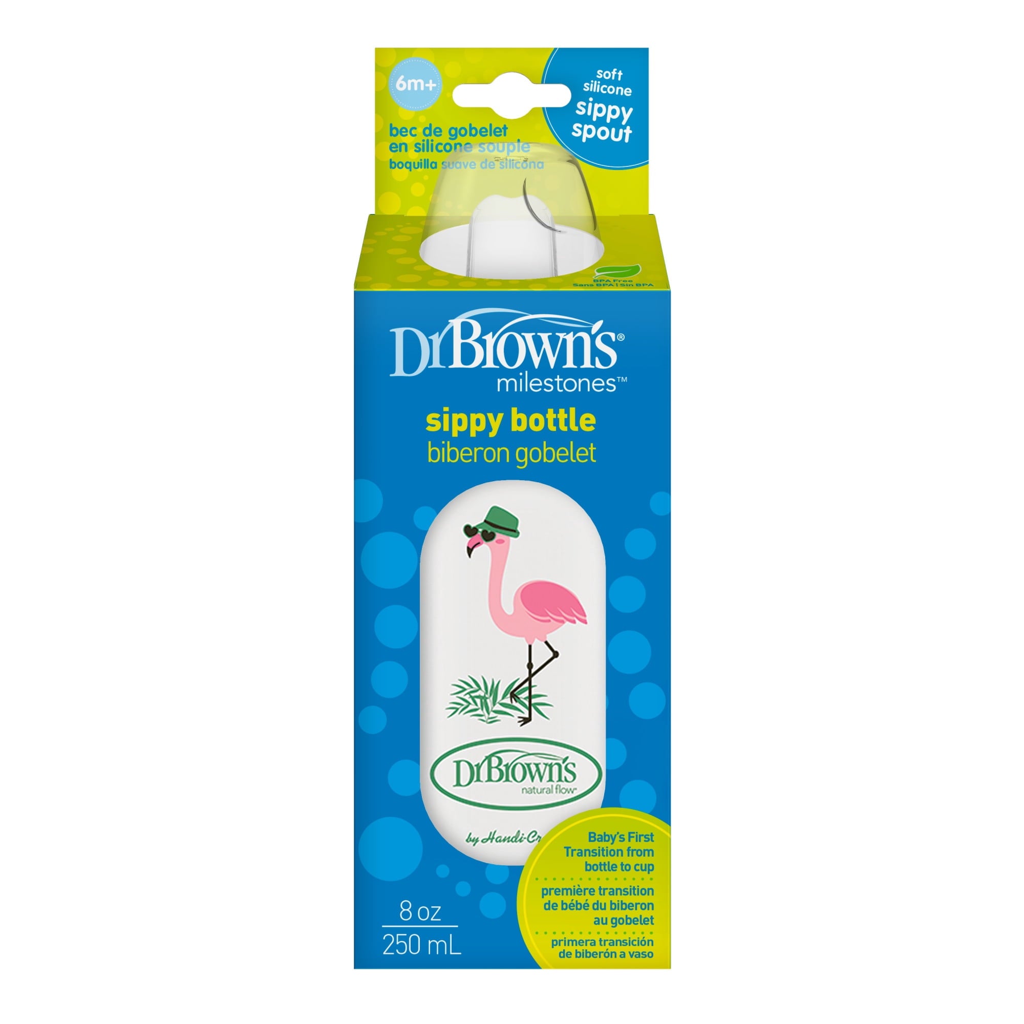 Dr. Brown's Milestones Narrow Sippy Bottle, 100% Silicone Spout, 8oz/250ml, 6m+, BPA Free, Flamingo, 1 Pack