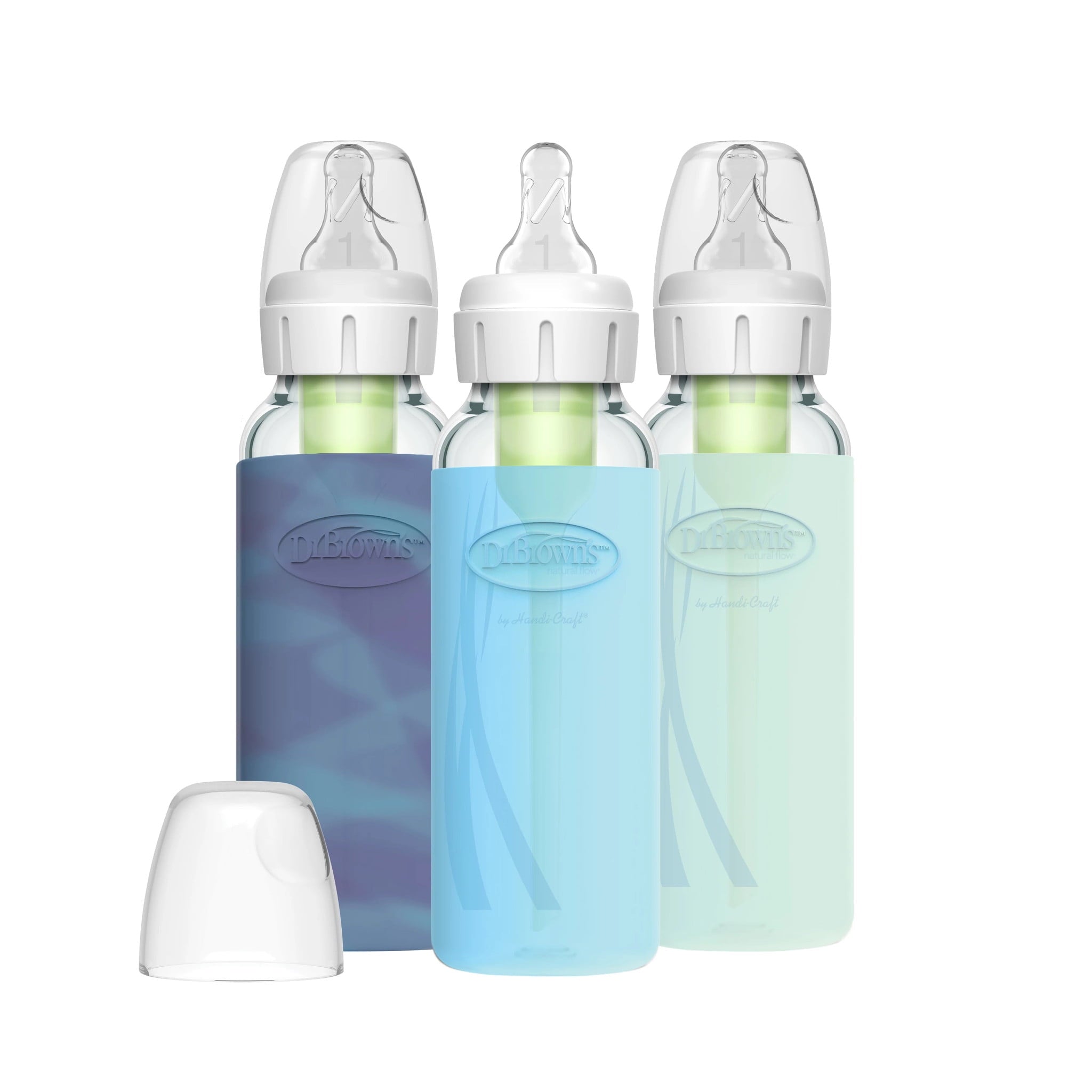 Dr. Brown's Natural Flow Anti-Colic Options+ Narrow Glass Baby Bottle, 8oz, Blue/Glow Sleeves, 3 Pack