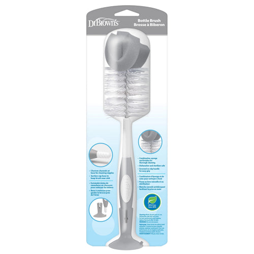 Dr. Brown's Baby Bottle Brush with Suction Cup Stand, Sponge, Scrubber and Nipple Cleaner Gray, 1 Pack