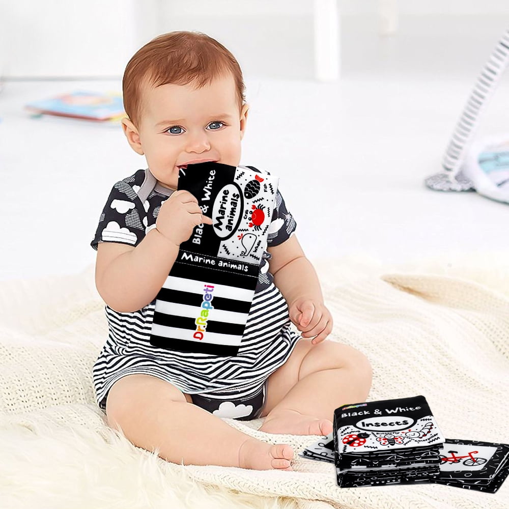 Dr.Rapeti Soft Cloth Books Baby Books Bath Books 6-Pack for Baby Infant Toddler Kids High Contrast Black and White Crinkle Washable Giftable