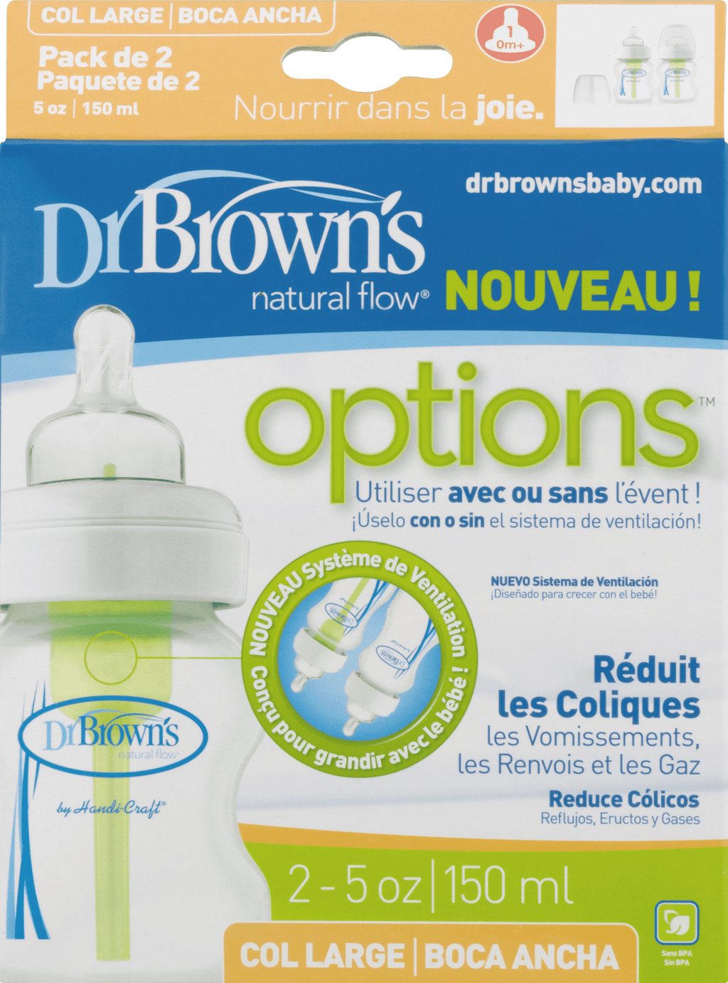 Dr. Brown's Natural Flow Wide-Neck Baby Bottle - 5oz, 2ct