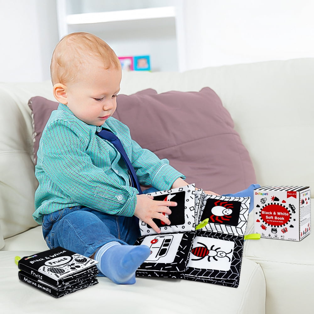 Dr.Rapeti Soft Cloth Books Baby Books Bath Books 6-Pack for Baby Infant Toddler Kids High Contrast Black and White Crinkle Washable Giftable
