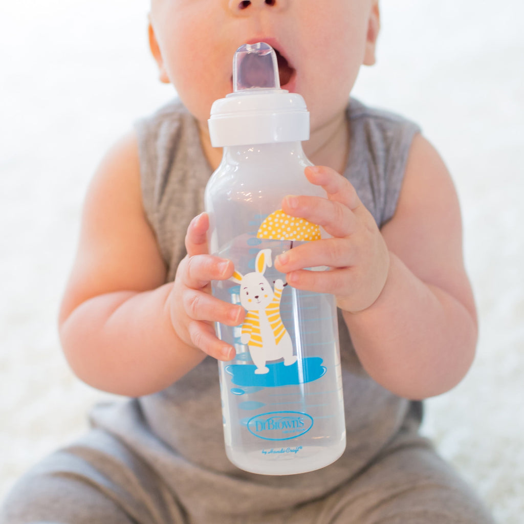 Dr. Brown's Milestones Narrow Sippy Bottle, 100% Silicone Spout, 8oz, Flamingo/Bunny, 6m+, 2 Pack