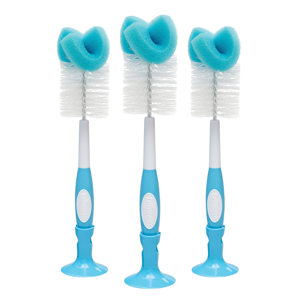 Dr. Brown's Baby Bottle Brush with Suction Cup Stand, Sponge, Scrubber & Nipple Cleaner Blue, 3 Pack