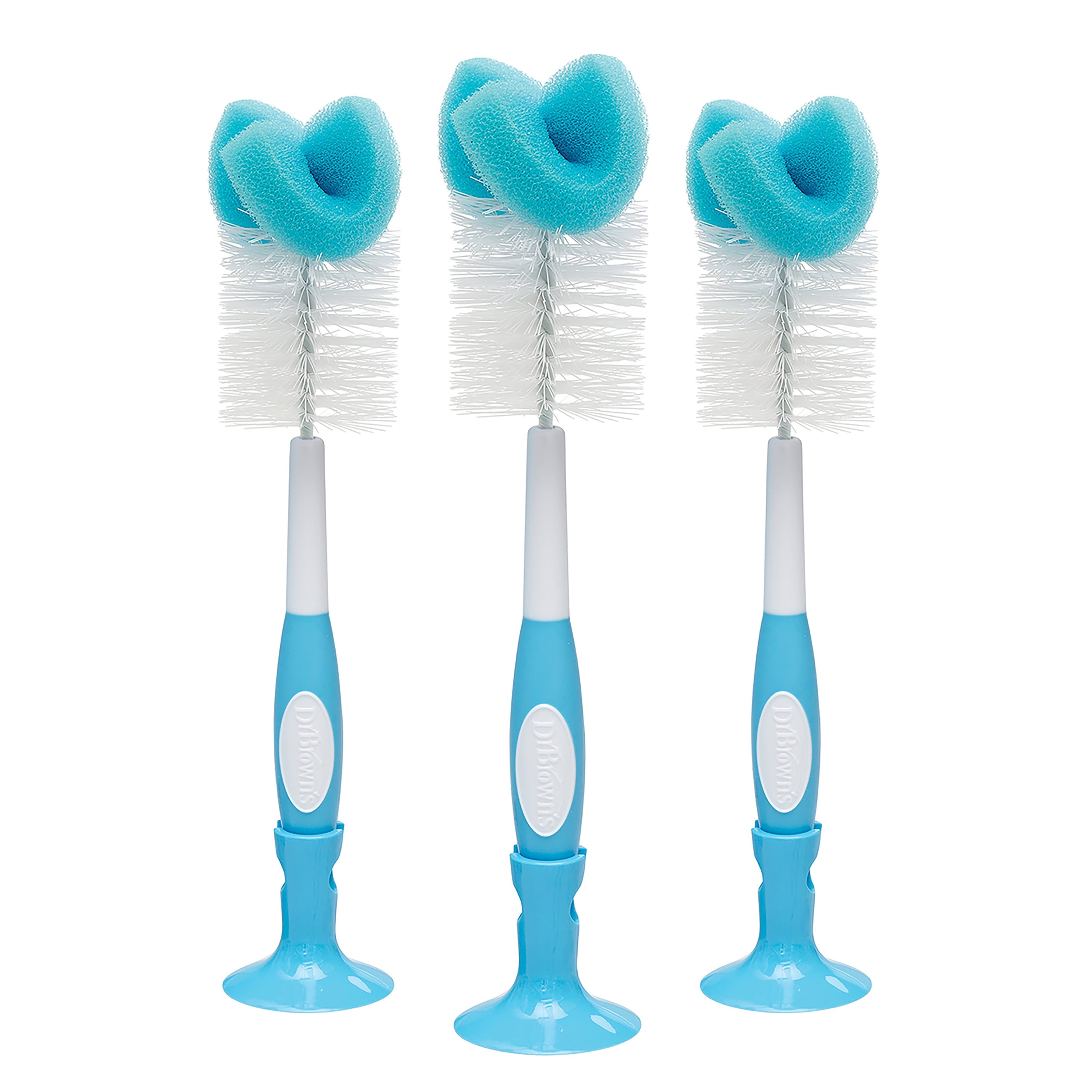 Dr. Brown's Baby Bottle Brush with Suction Cup Stand, Sponge, Scrubber & Nipple Cleaner Blue, 3 Pack