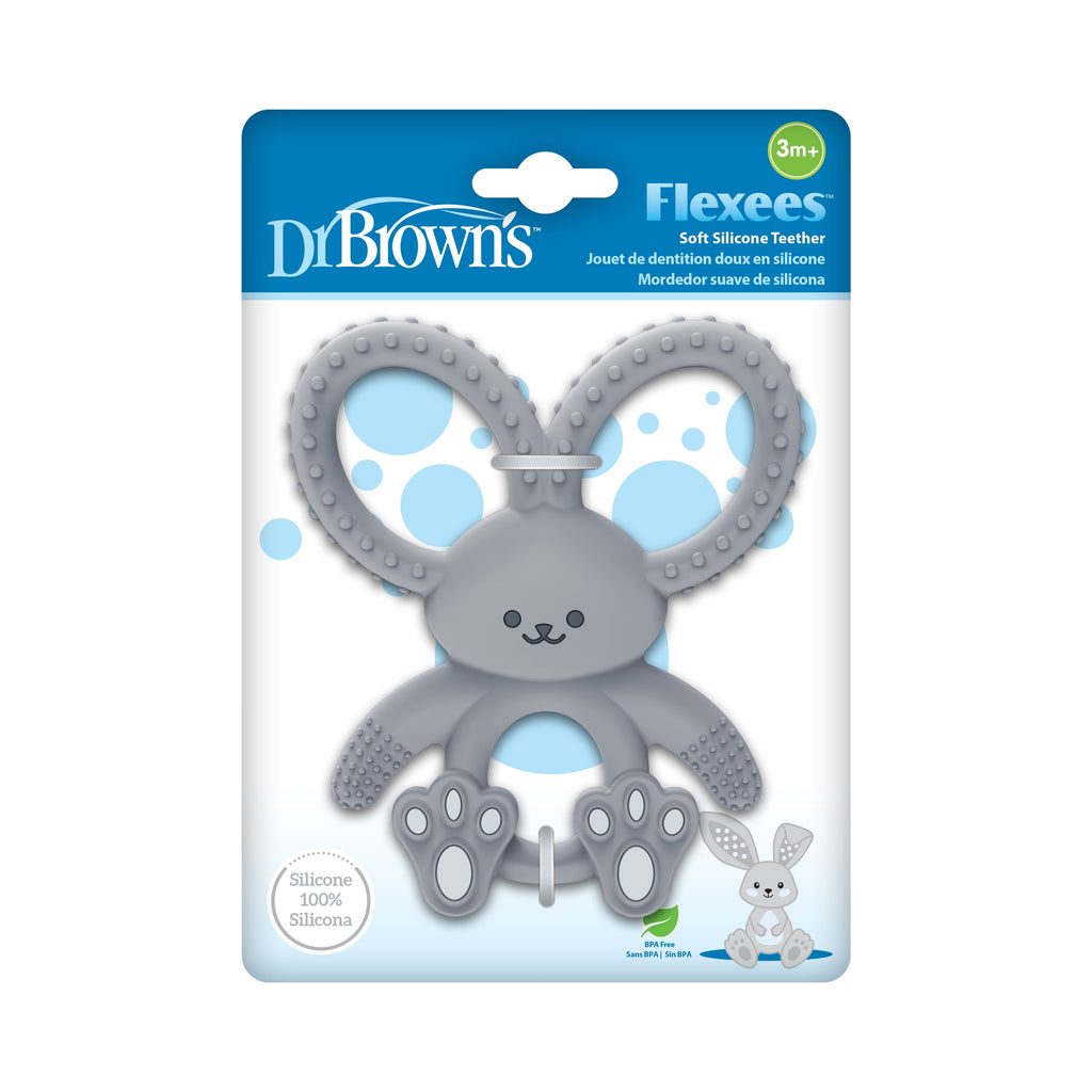 Dr. Brown's Flexees Teether, Gray Bunny, Soft 100% Silicone, Baby Teether, BPA Free, 3m+, 1 Pack