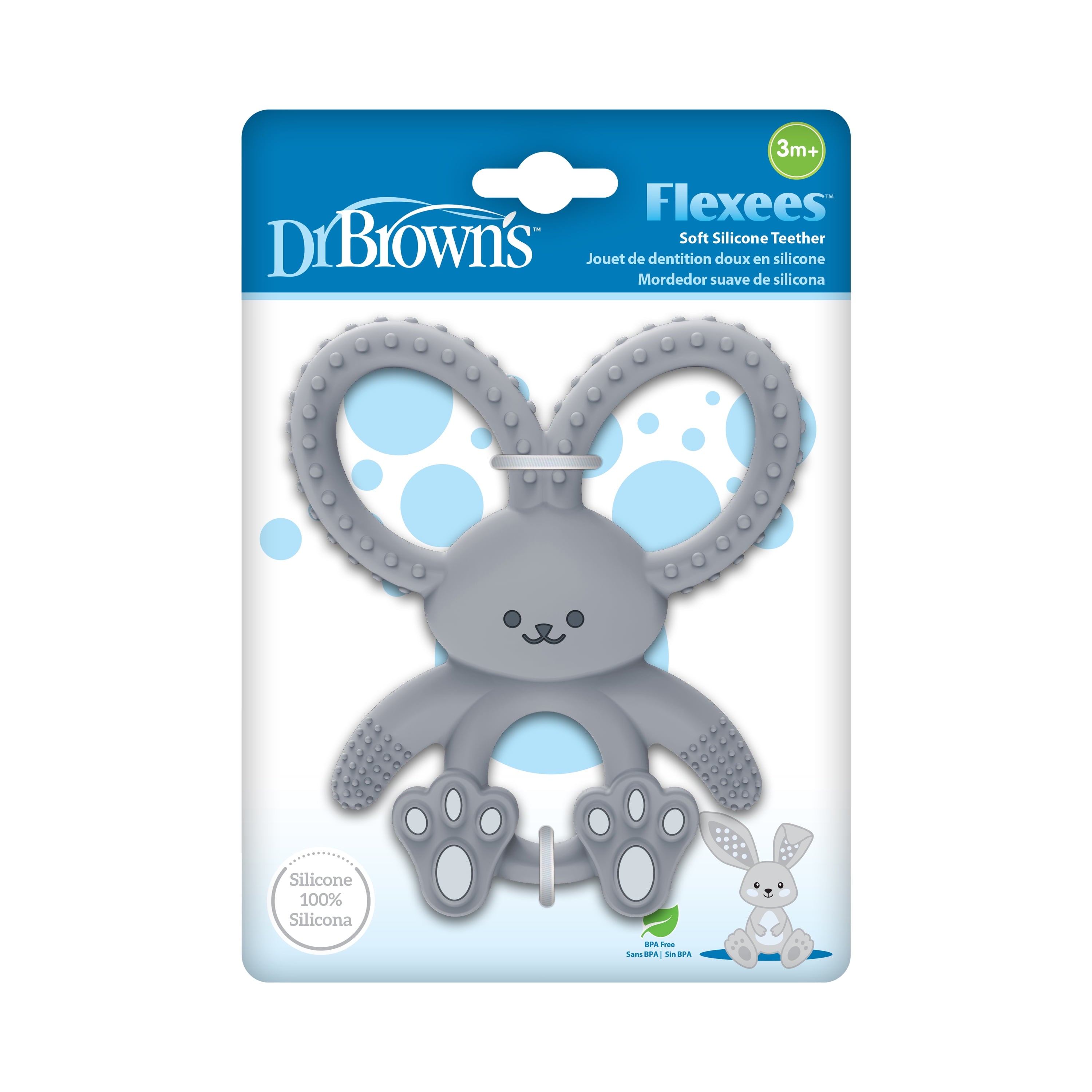Dr. Brown's Flexees Teether, Gray Bunny, Soft 100% Silicone, Baby Teether, BPA Free, 3m+, 1 Pack