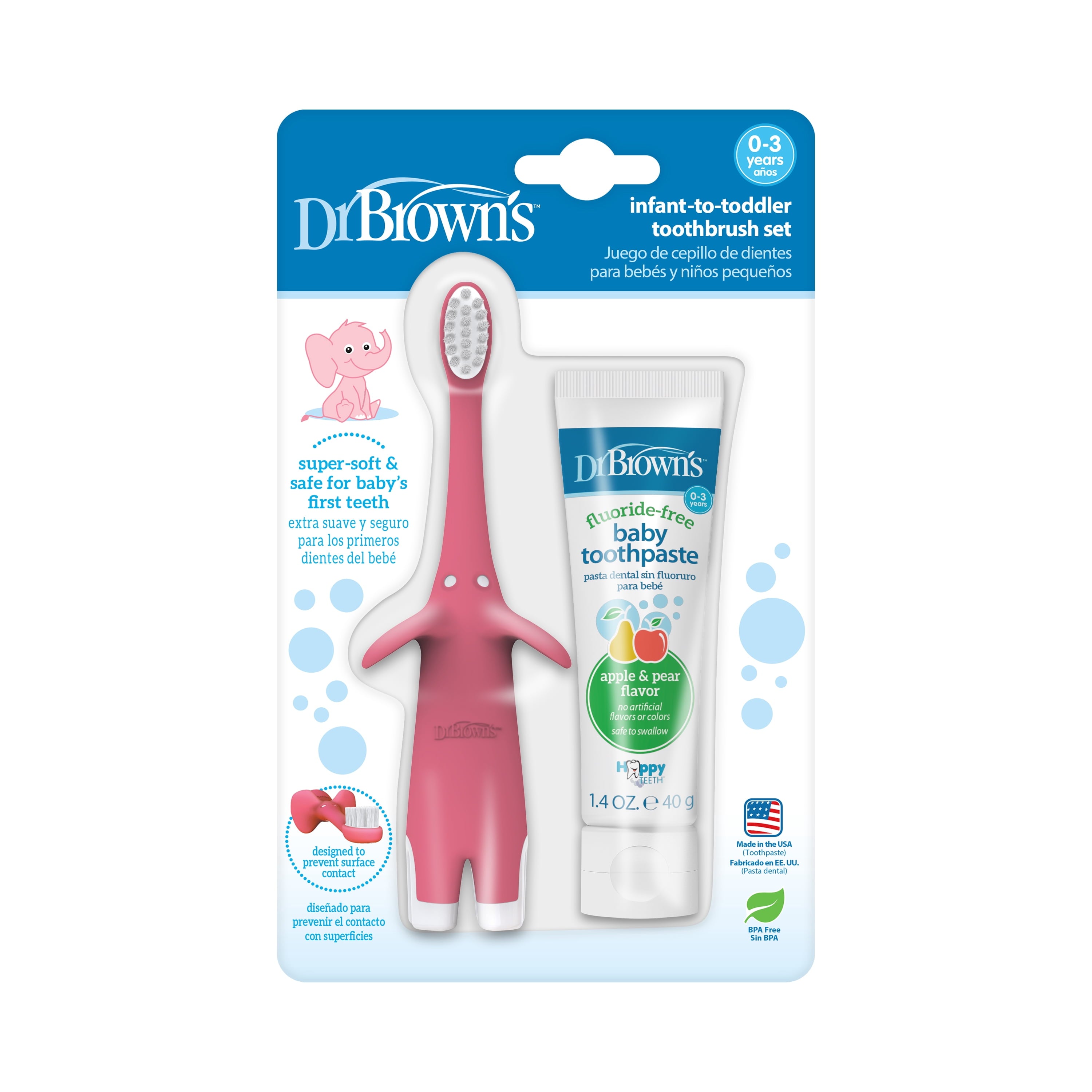 Dr. Brown's Infant to Toddler Training Toothbrush, Pink Elephant + Apple Pear Baby Toothpaste, 0-3Y