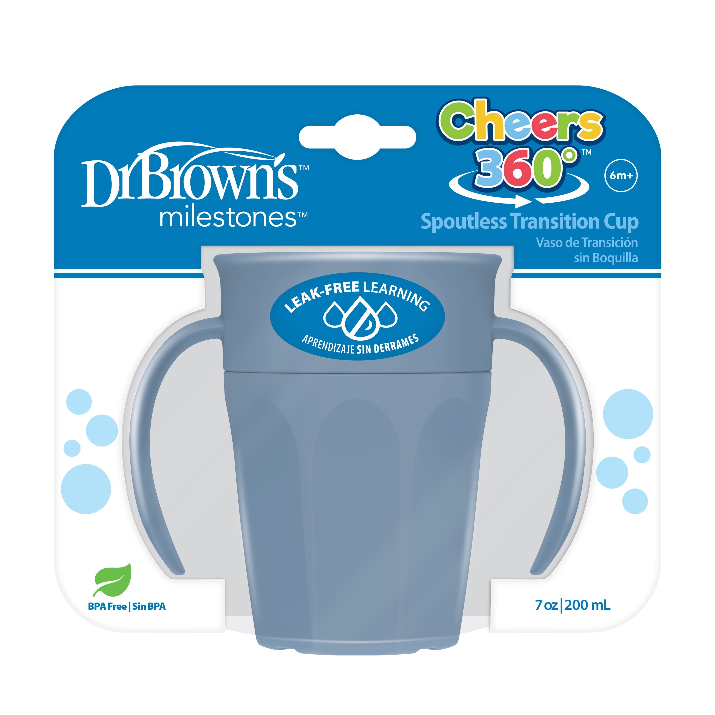 Dr. Brown's Milestones Cheers 360 Cup Spoutless Transition Cup with Handles for Easy Grip & Leak-Free Learning, Blue, 7 oz/200 mL, 6m+ (Colors May Vary)
