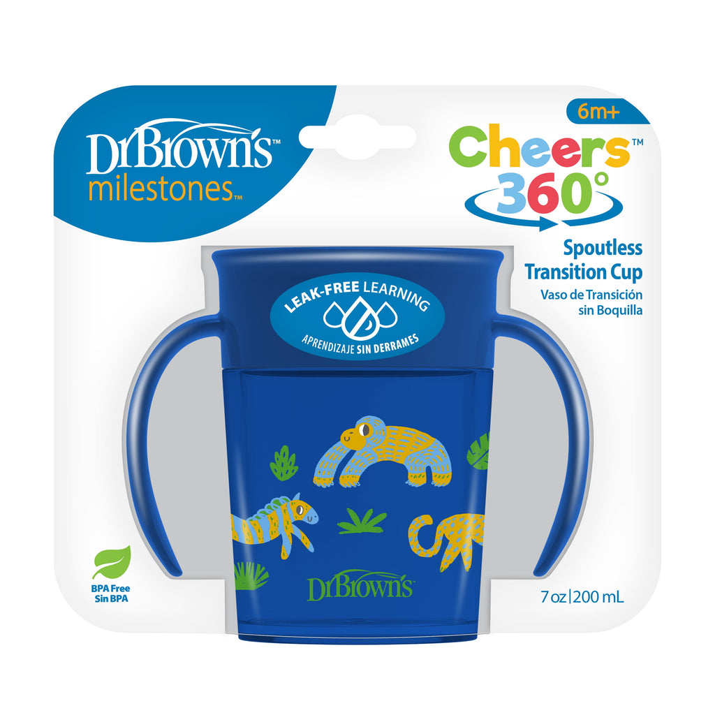 Dr. Brown's Milestones Cheers 360 Cup Spoutless Transition Cup with Handles for Easy Grip and Leak-Free Learning, Blue Safari, 7 oz/200 mL, 6m+