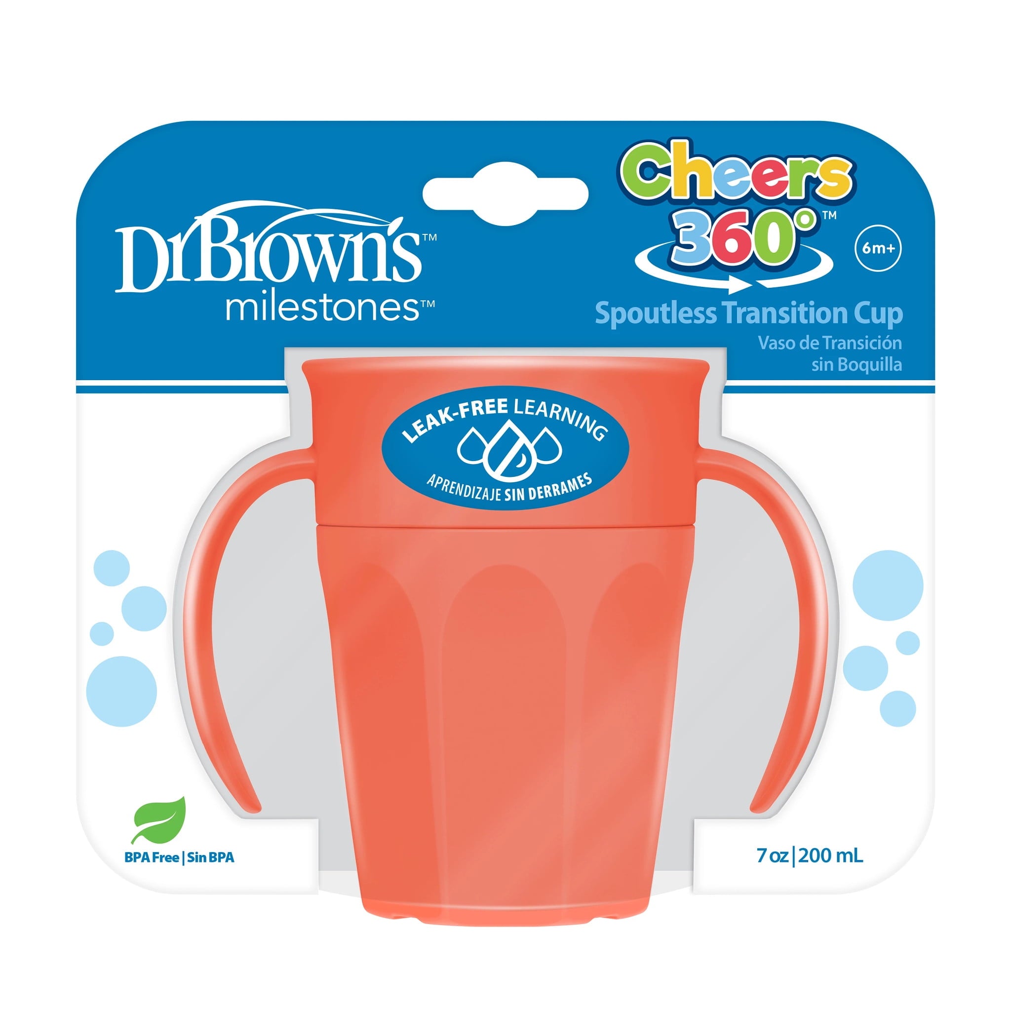 Dr. Brown's Milestones Cheers 360 Cup Spoutless Transition Cup with Handles for Easy Grip and Leak-Free Learning, Coral, 7 oz/200 mL, 6m+