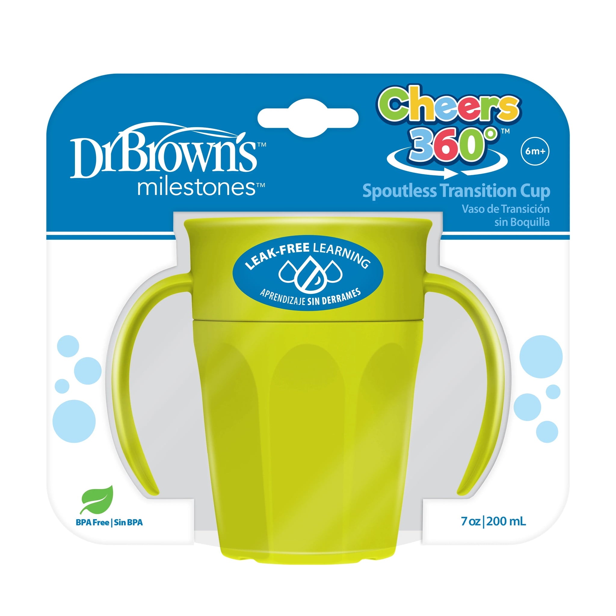 Dr. Brown's Milestones Cheers 360 Cup Spoutless Transition Cup with Handles for Easy Grip and Leak-Free Learning, Green, 7 oz/200 mL, 6m+