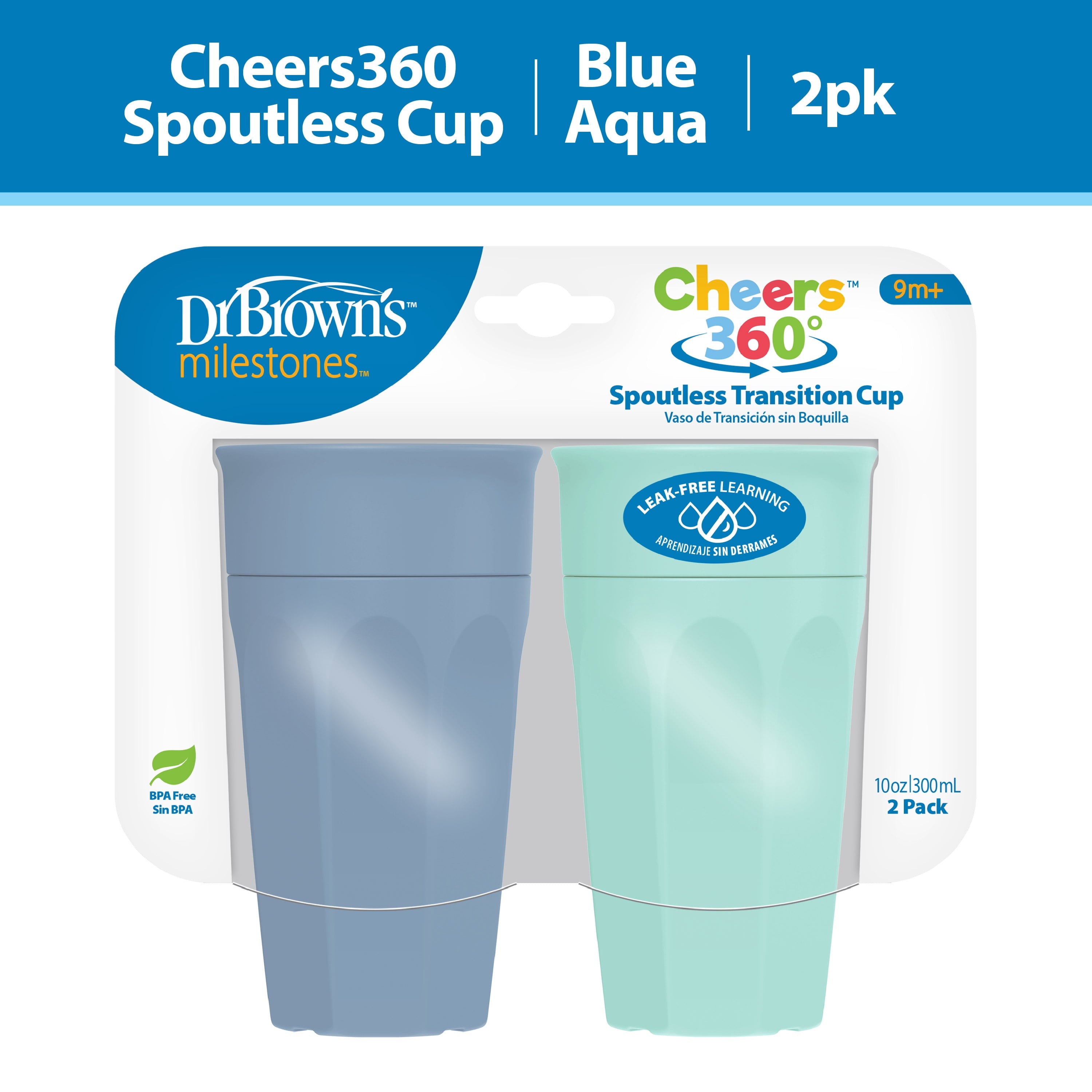 Dr. Brown's Milestones Cheers 360 Training Cup for Toddler/Baby, Leak-Free, Blue/Aqua, 10 oz, 9m+, 2-Pack