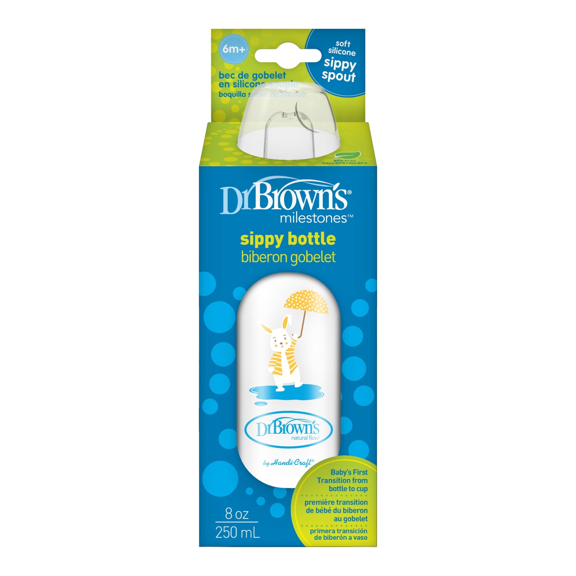 Dr. Brown's Milestones Narrow Sippy Bottle, 100% Silicone Soft Sippy Spout, 8oz 6m+, Bunny, 1-Pack