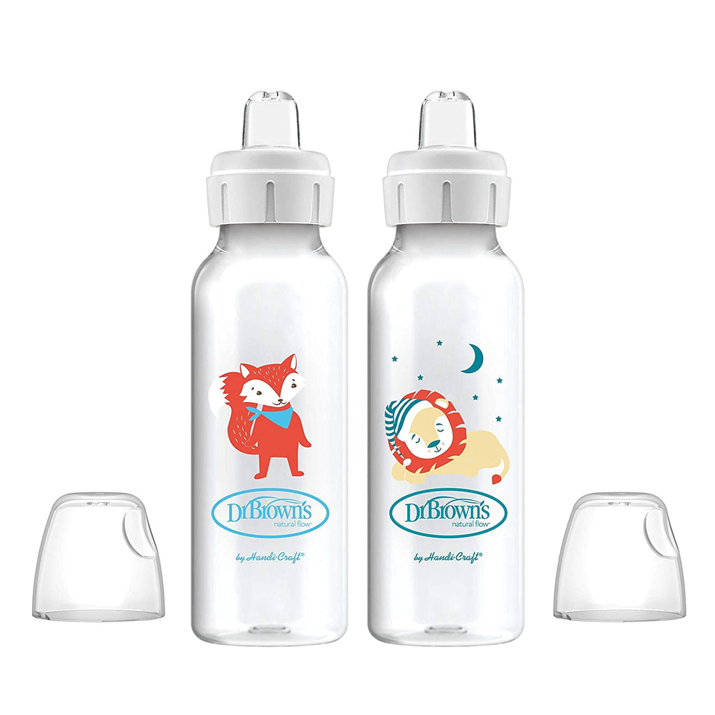 Dr. Brown's Milestones Narrow Sippy Bottle, 100% Silicone Spout, 8oz/250ml, 6m+, BPA Free, Fox/Lion, 2 Pack