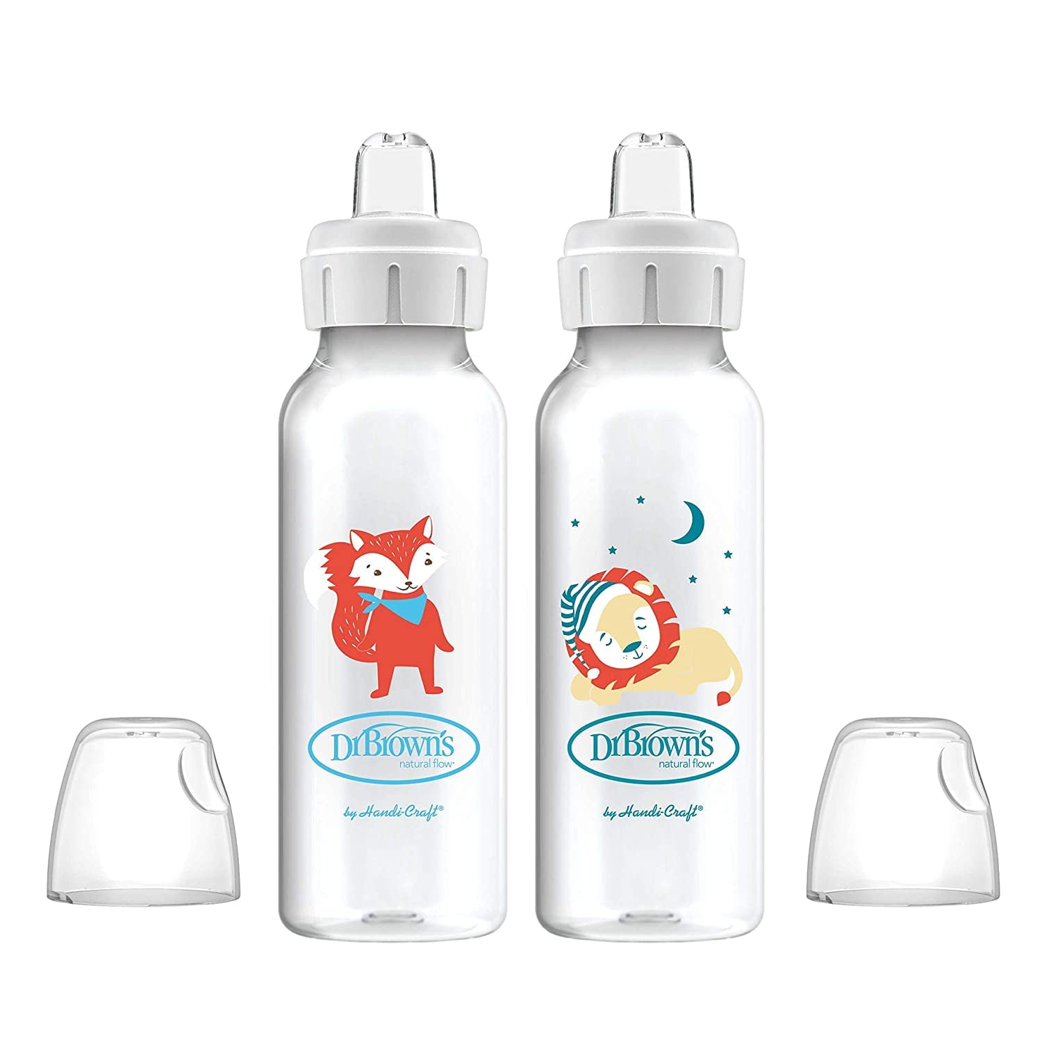 Dr. Brown's Milestones Narrow Sippy Bottle, 100% Silicone Spout, 8oz/250ml, 6m+, BPA Free, Fox/Lion, 2 Pack