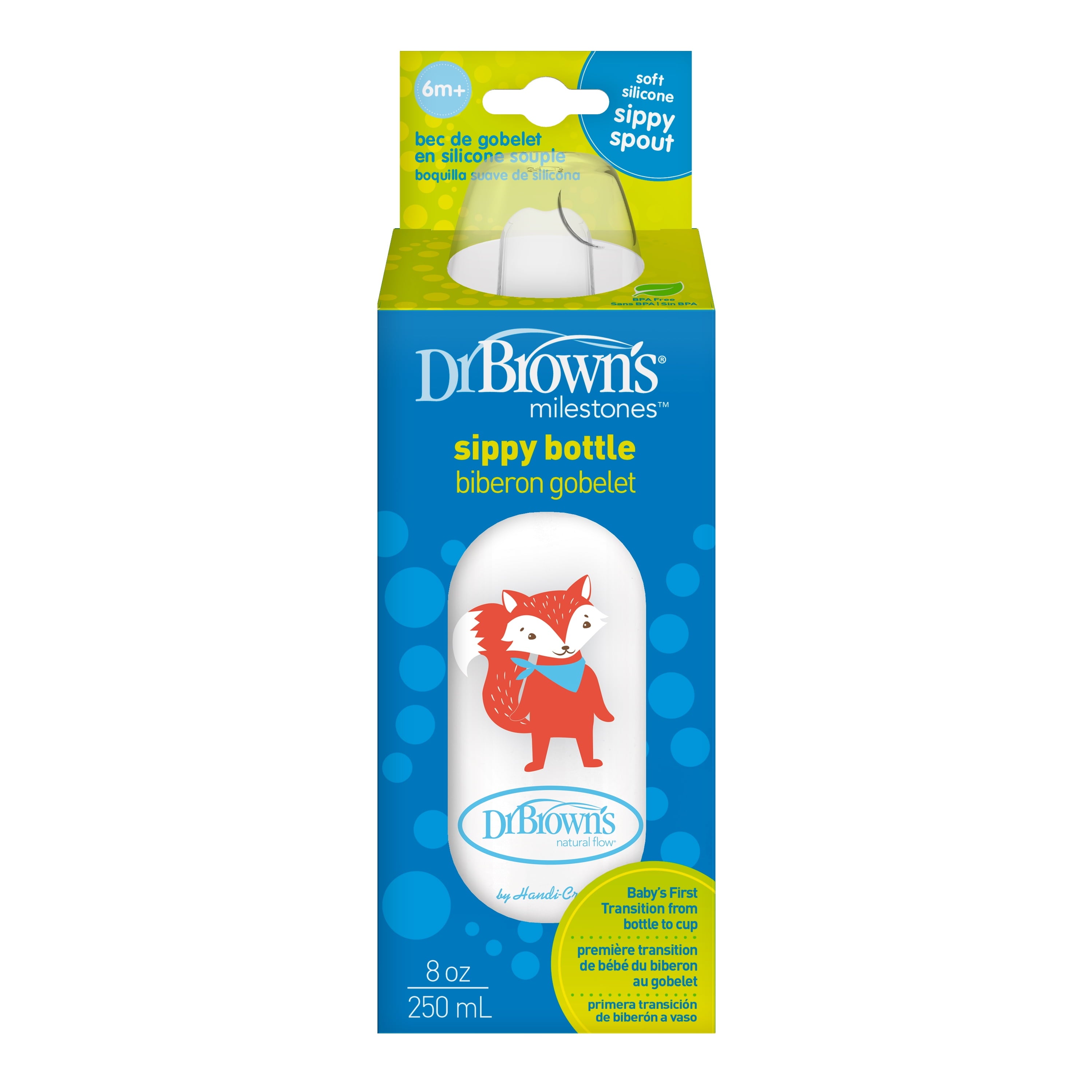 Dr. Brown's Milestones Narrow Sippy Bottle, 100% Silicone Spout, 8oz/250ml, 6m+, Fox, 1 Pack