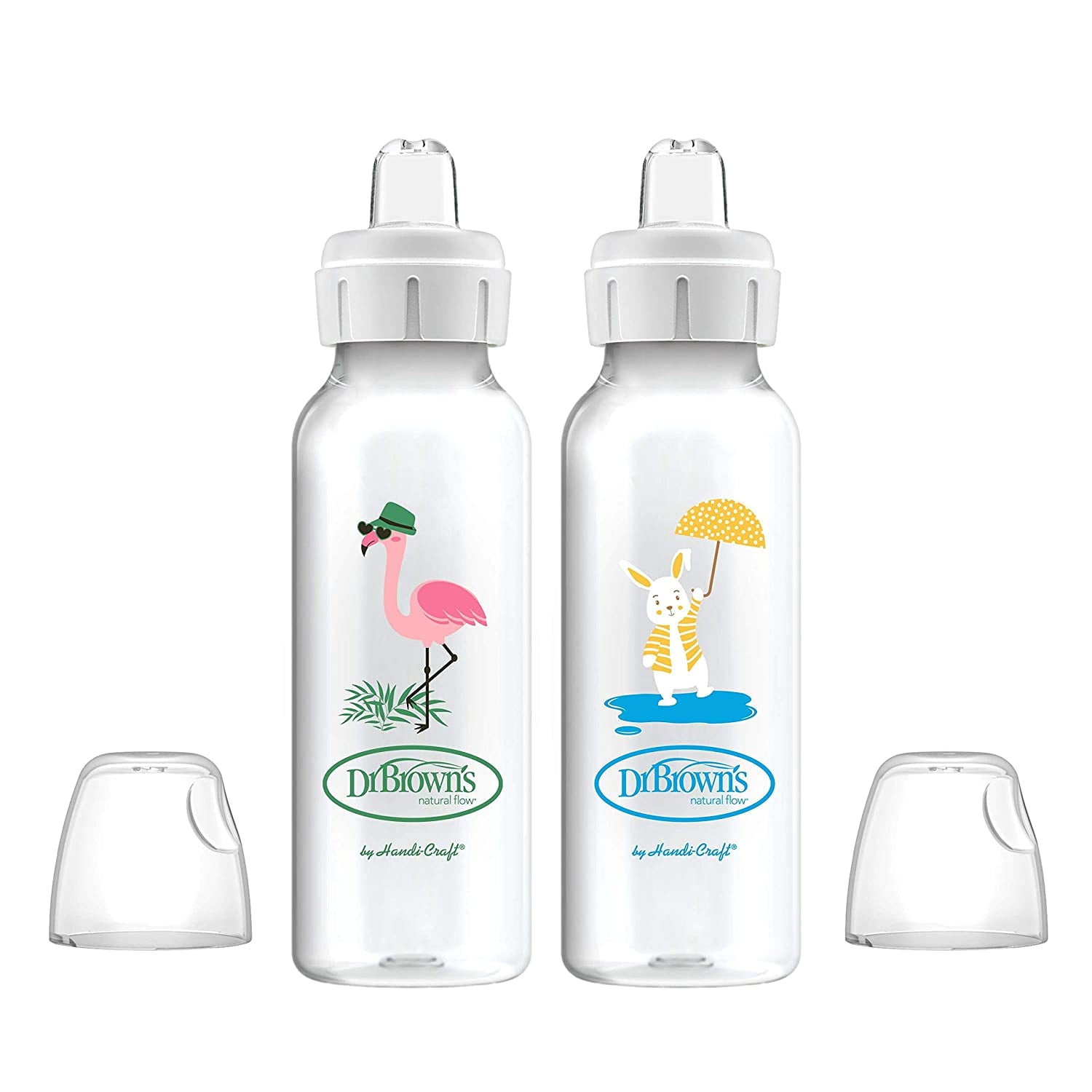 Dr. Brown's Milestones Narrow Sippy Bottle, 100% Silicone Spout, 8oz, Flamingo/Bunny, 6m+, 2 Pack
