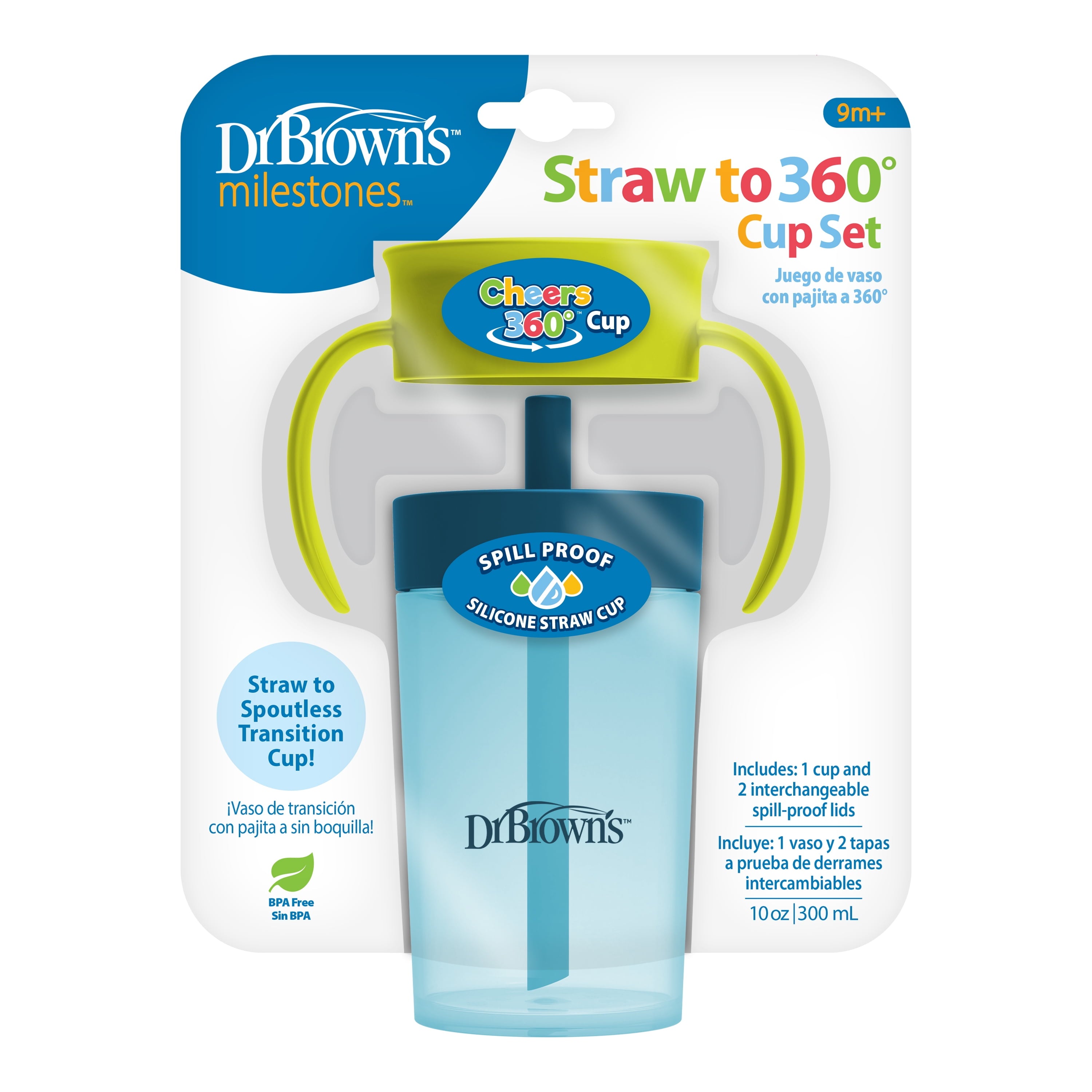 Dr. Brown's Milestones Straw-to-360 Convertible Toddler Cup Set, Blue/Green, 10 oz, 9m+, 1 Pack