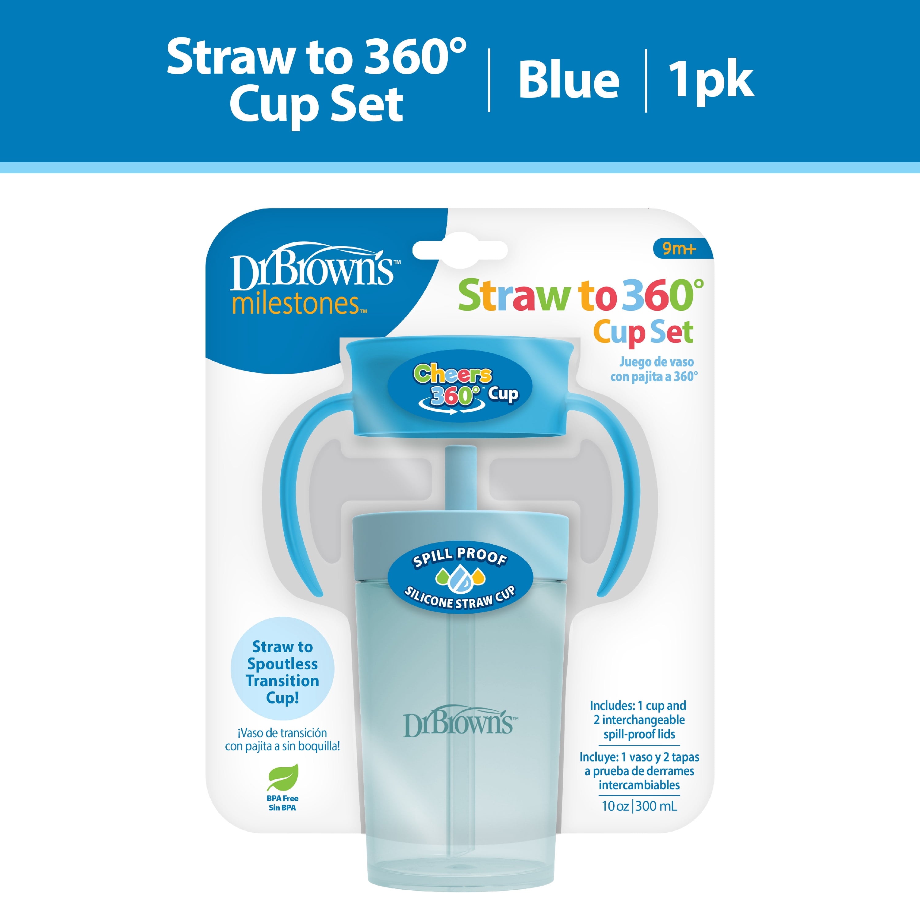 Dr. Brown's Milestones Straw-to-360 Convertible Toddler Cup Set, Ocean Blue, 10 oz, 9m+, 1 Pack