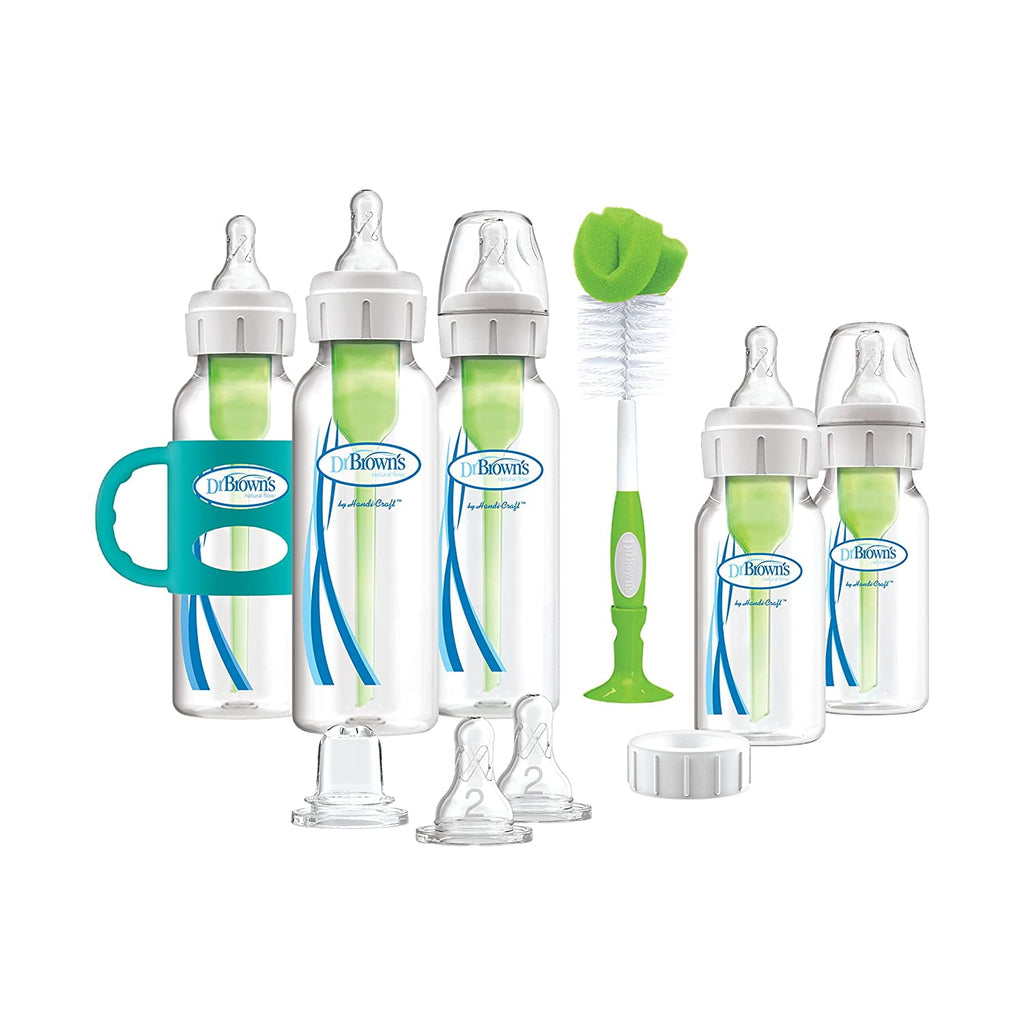 Dr. Brown's Natural Flow Anti-Colic Options+ Narrow Bottle to Sippy Gift Set with Soft Silicone Sippy Spout, Removable Silicone Handles, Travel Cap and Bottle Brush Bottle to Sippy Gift Set, Blue Bottle