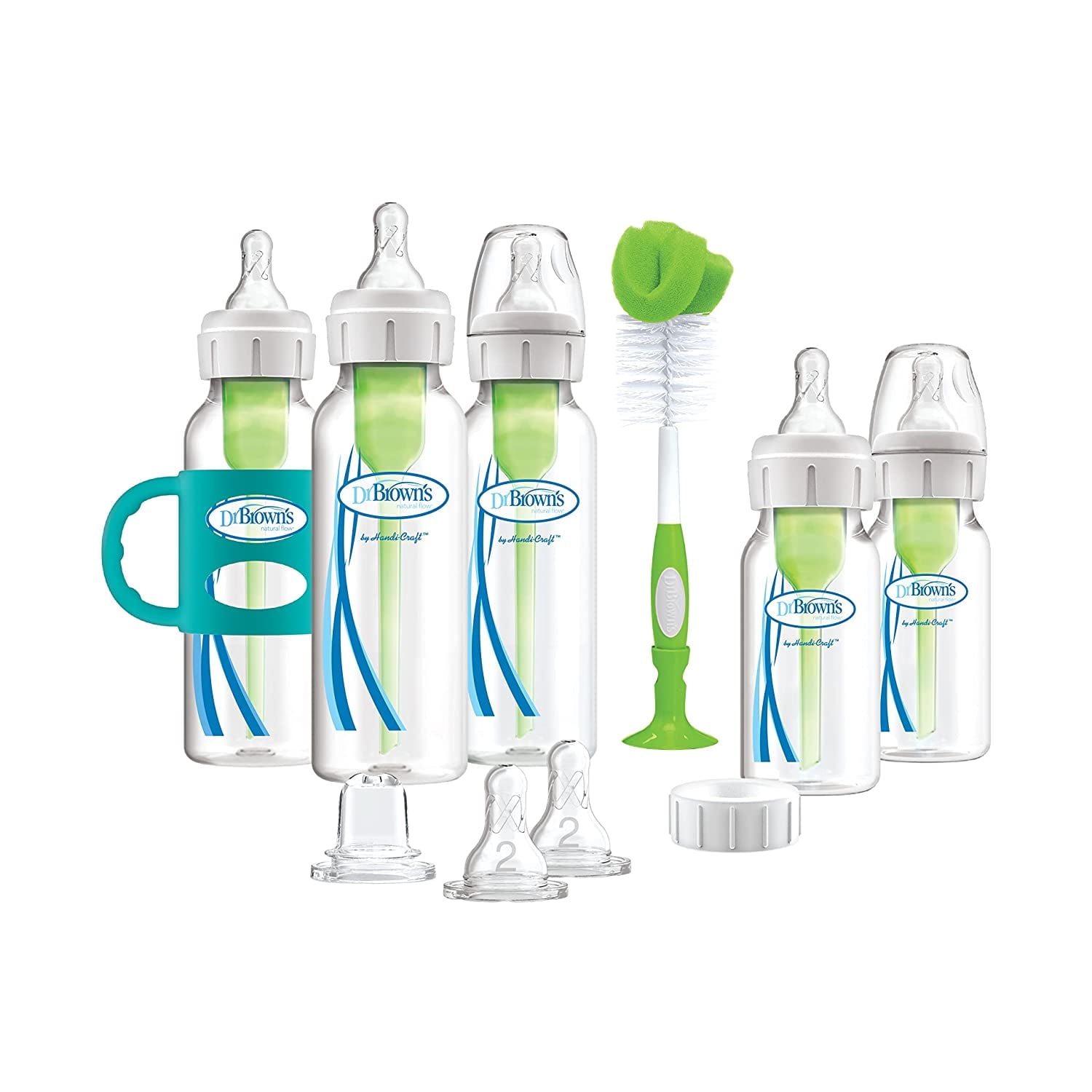Dr. Brown's Natural Flow Anti-Colic Options+ Narrow Bottle to Sippy Gift Set with Soft Silicone Sippy Spout, Removable Silicone Handles, Travel Cap and Bottle Brush Bottle to Sippy Gift Set, Blue Bottle