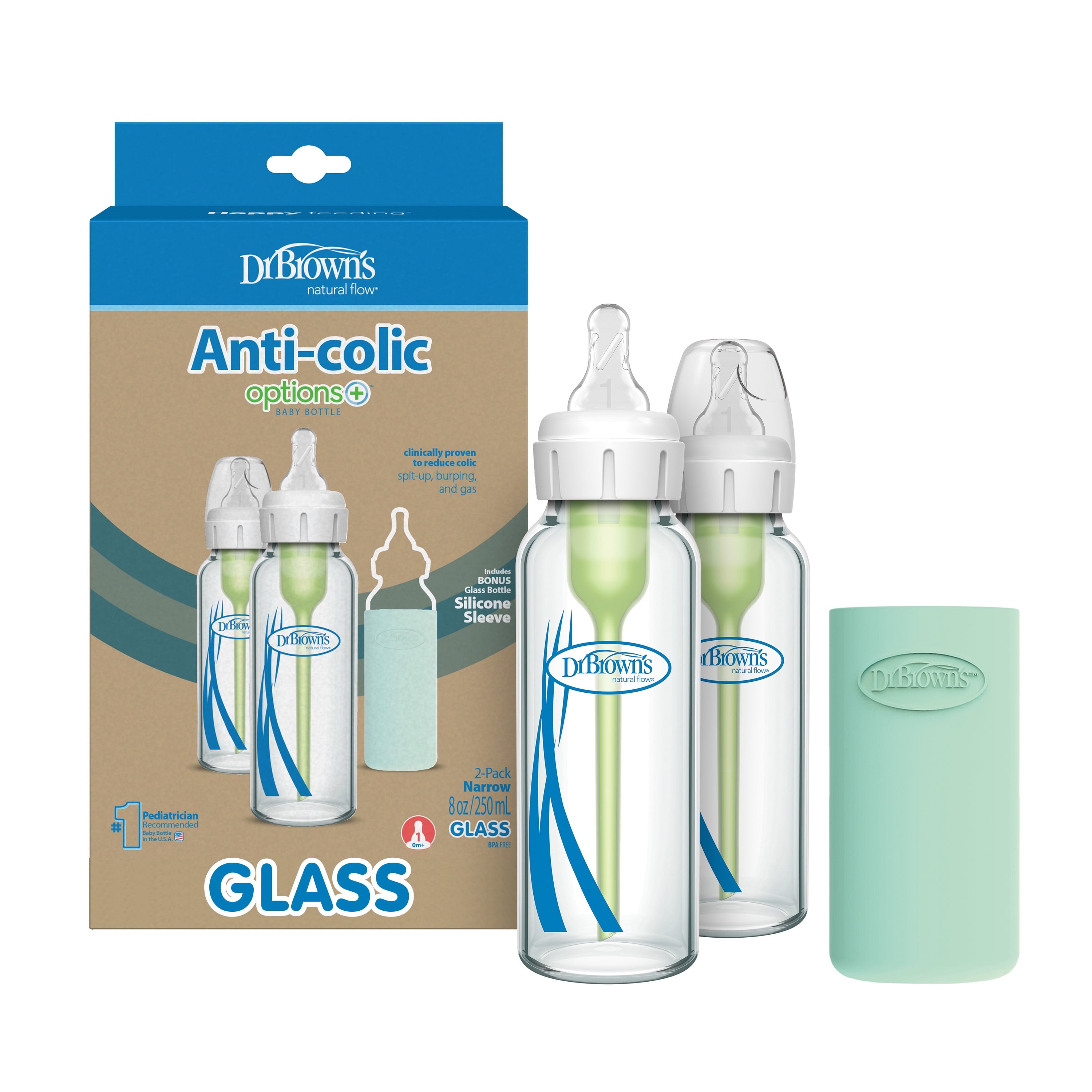 Dr. Brown's Anti-Colic Options+ Narrow Glass Baby Bottle, 8oz/250 ml, Slow Flow Nipple, BPA Free, 0m+, 2 Pack + Mint Silicone Sleeve