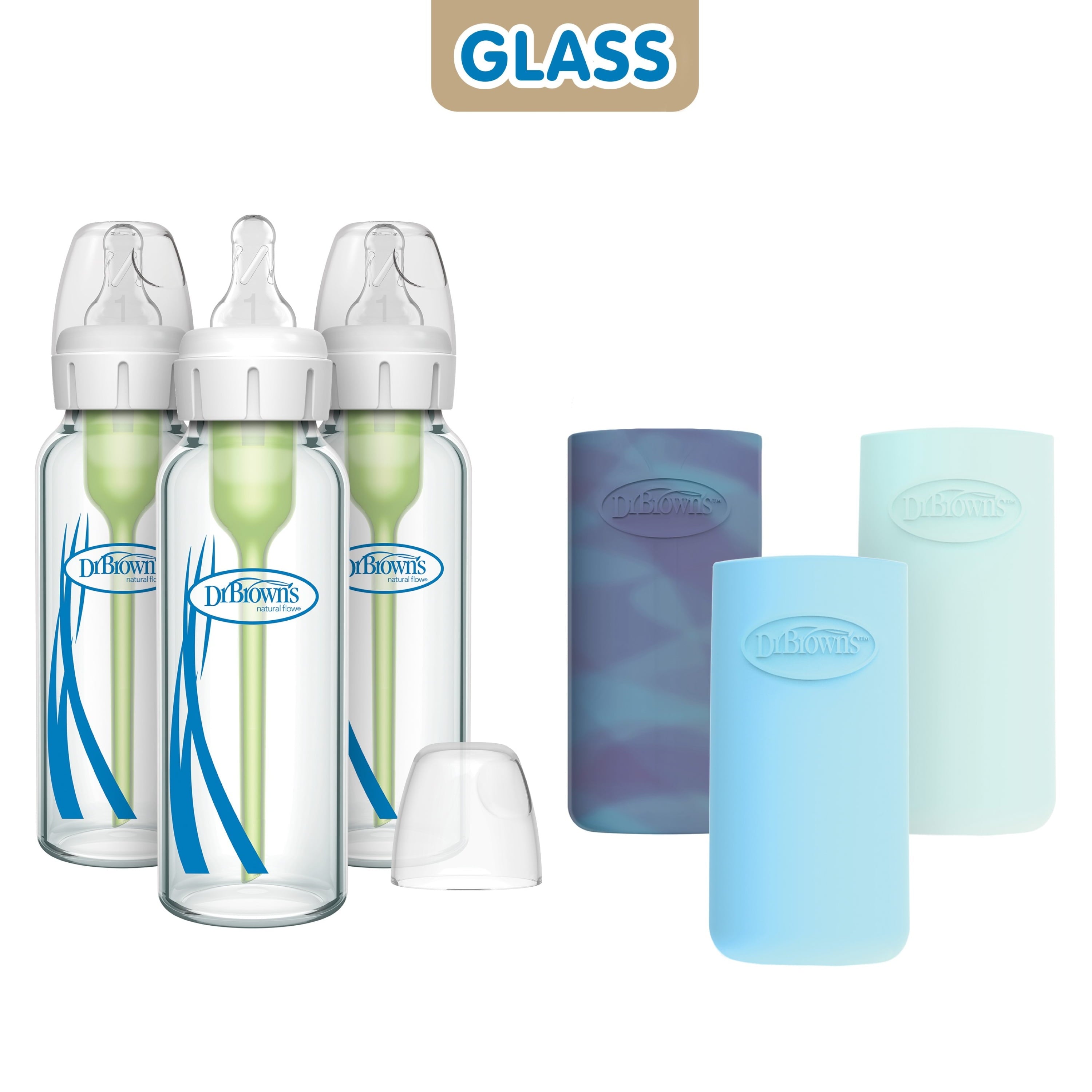 Dr. Brown's Natural Flow Anti-Colic Options+ Narrow Glass Baby Bottle, 8oz, Blue/Glow Sleeves, 3 Pack