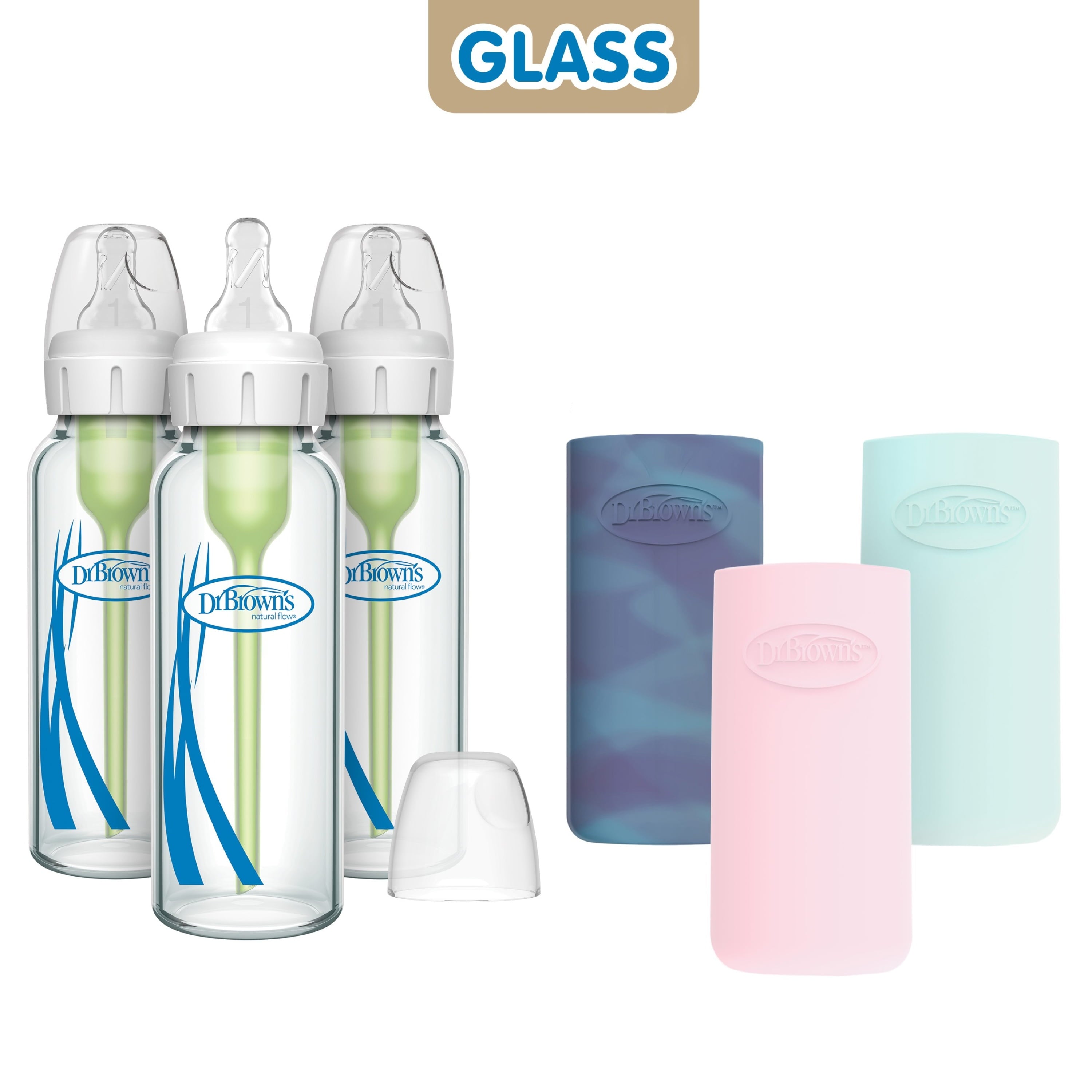 Dr. Brown's Natural Flow Anti-Colic Options+ Narrow Glass Baby Bottle, 8oz, Pink/Glow Sleeves, 3 Pack