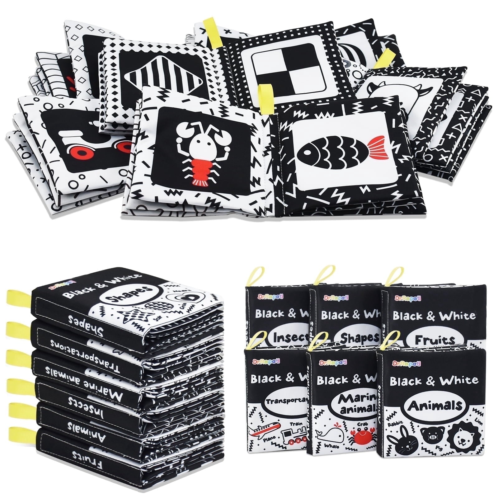Dr.Rapeti Soft Cloth Books Baby Books Bath Books 6-Pack for Baby Infant Toddler Kids High Contrast Black and White Crinkle Washable Giftable