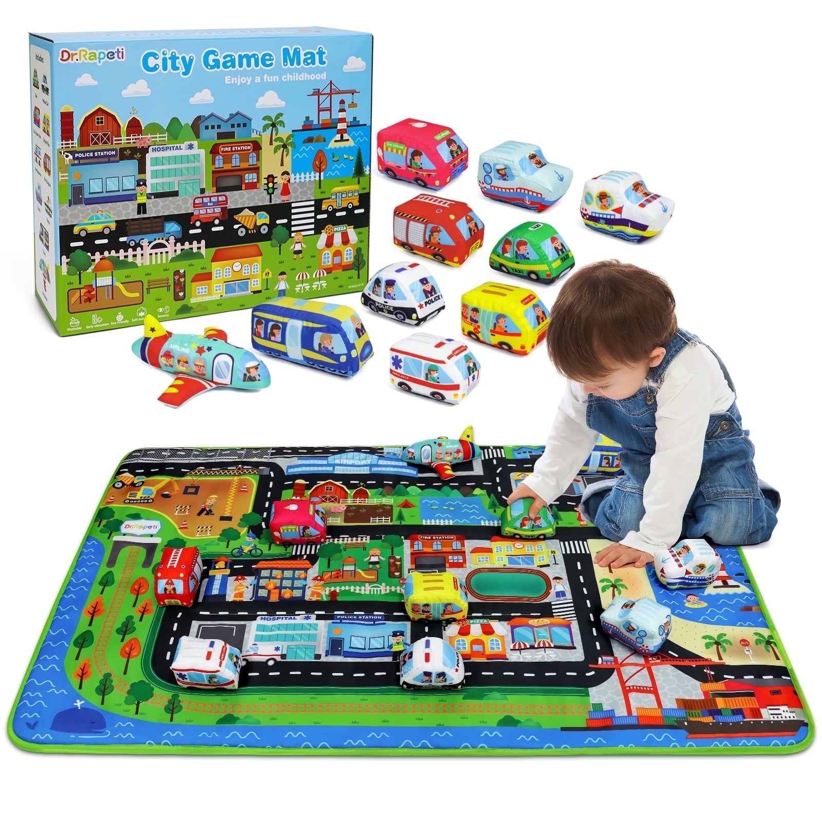Dr.Rapeti Soft Toy Car Set for Baby Infant Toddler Kid 1 Play Mat 10 Soft Toy Cars 47x30inches Washable Gift
