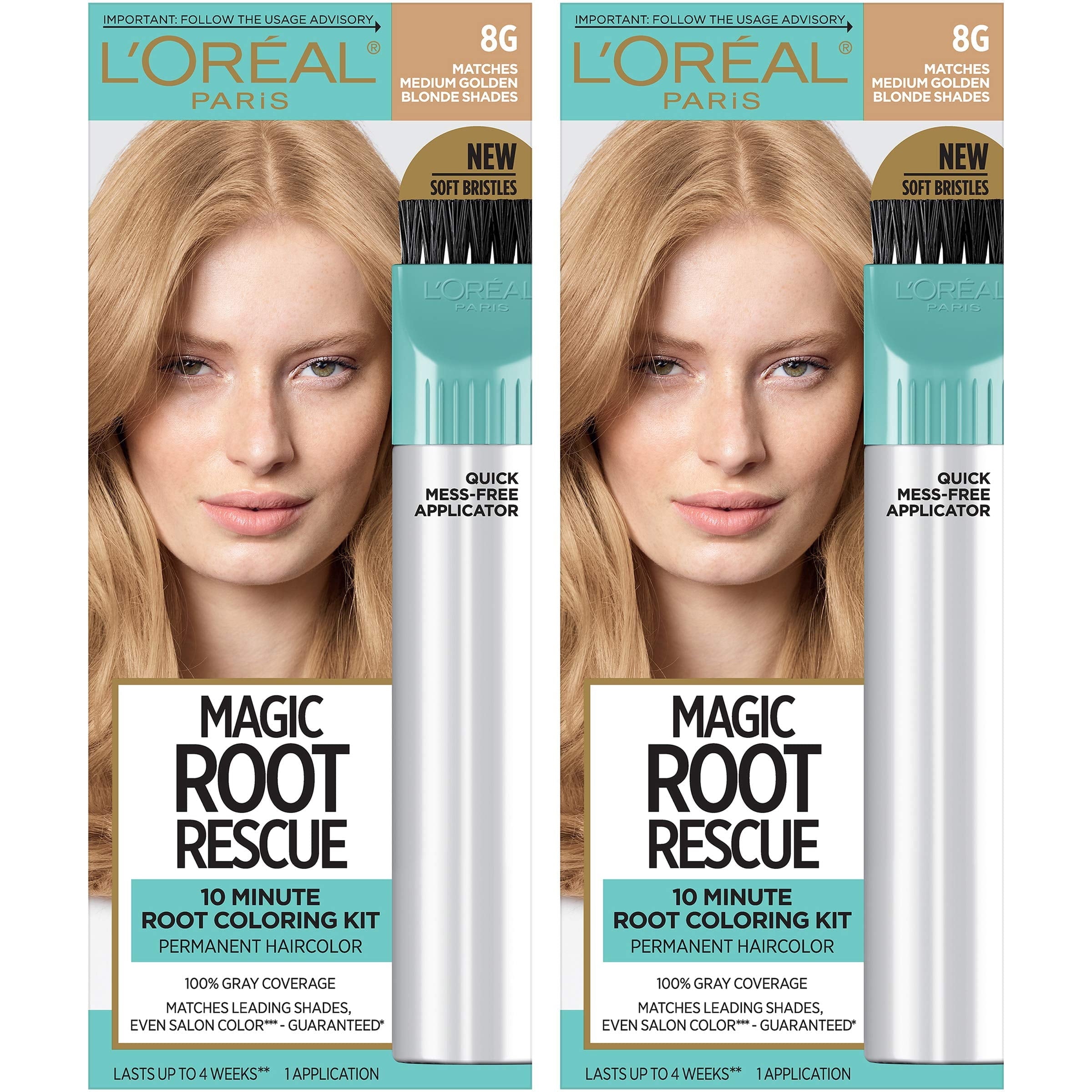 Loreal Paris Magic Root Rescue 10 Minute Root Hair Coloring Kit, Permanent Hair Color With Quick Precision Applicator, 100% Gray Coverage, 8G Medium Golden Brown, 2 Count Packaging May Vary