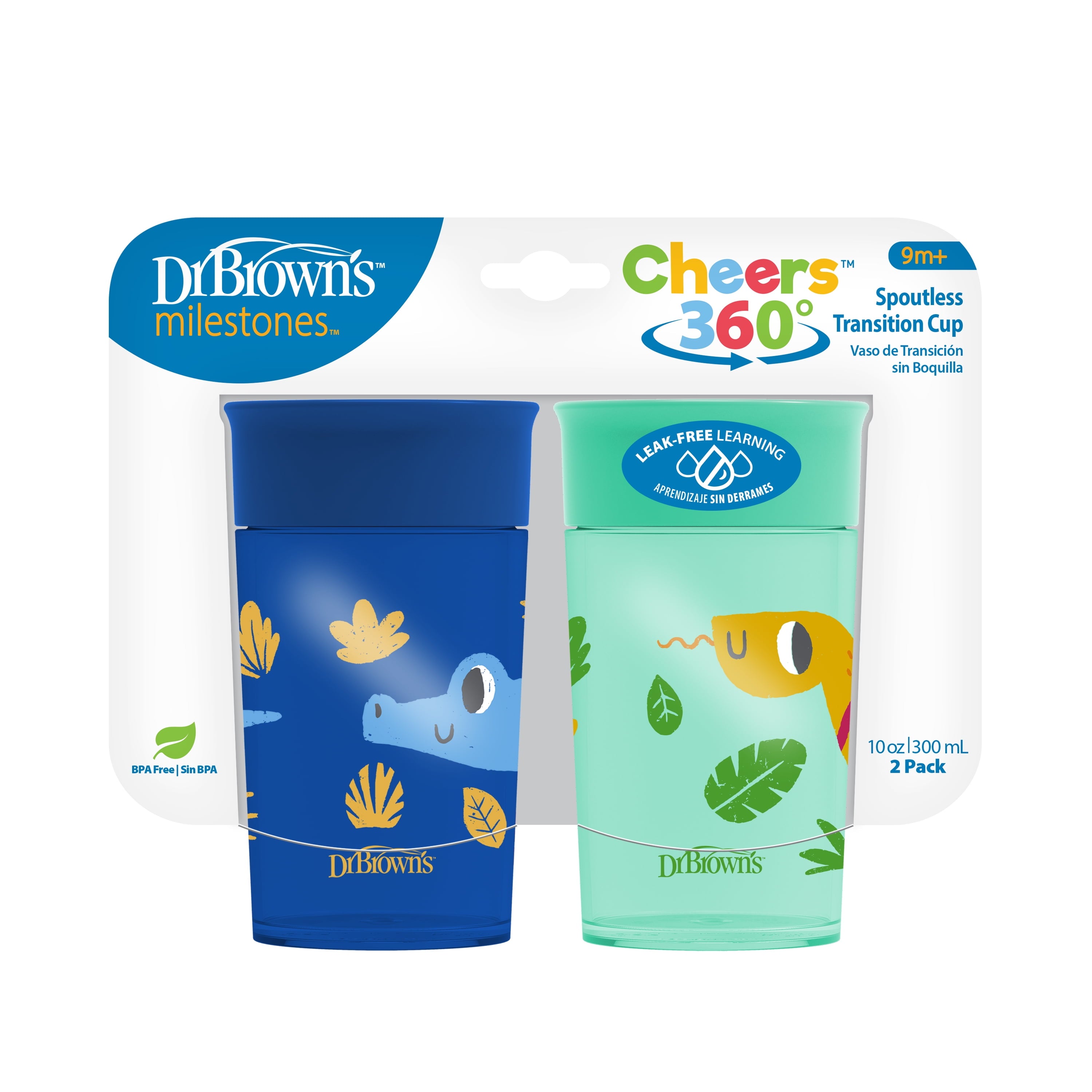 Dr. Brown's Milestones Cheers 360 Cup Spoutless Transition, Travel Friendly & Leak-Free, Green / Blue, 10 oz/300 ml, 2 Pack