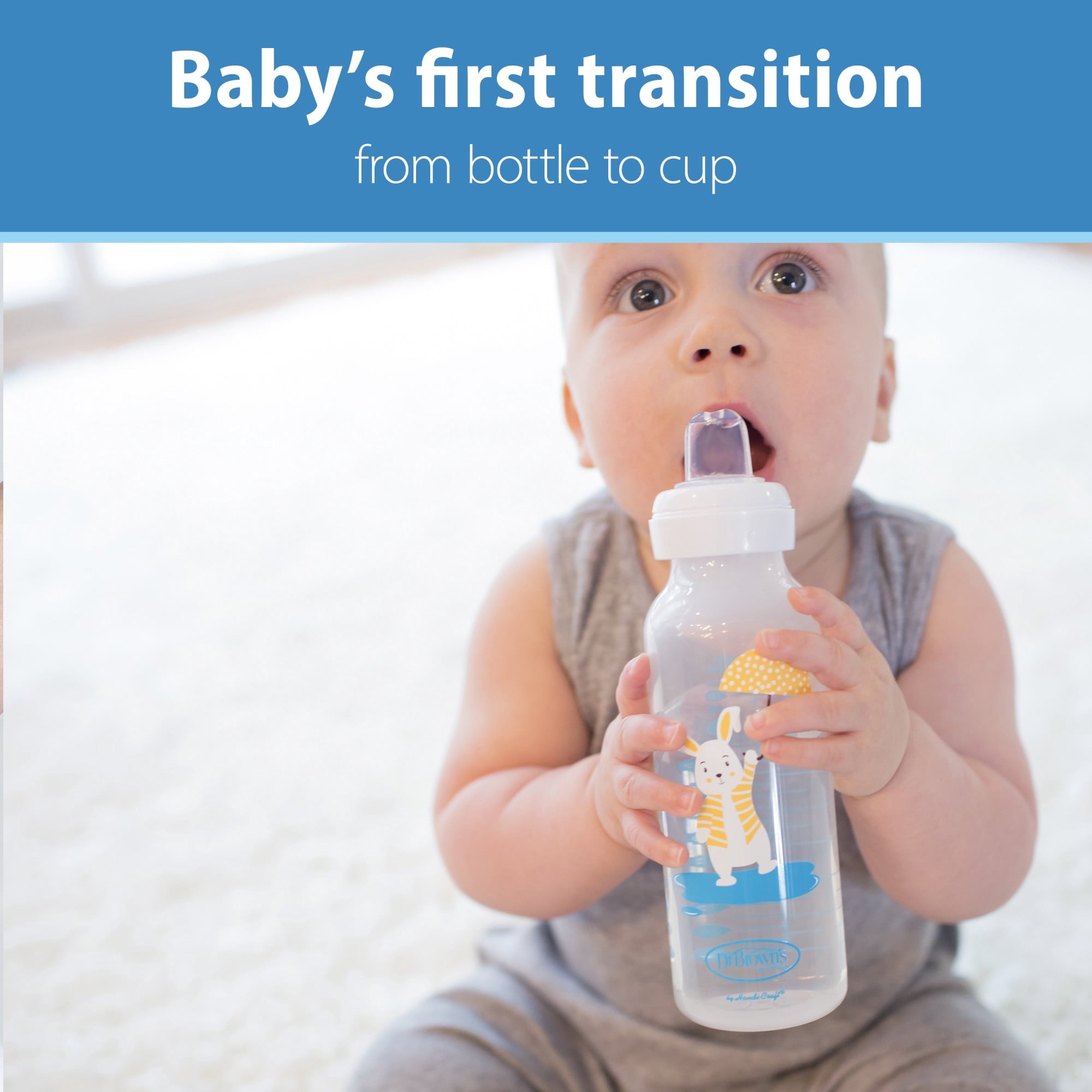 Dr. Brown's Milestones Narrow Sippy Bottle, 100% Silicone Soft Sippy Spout, 8oz 6m+, Bunny, 1-Pack