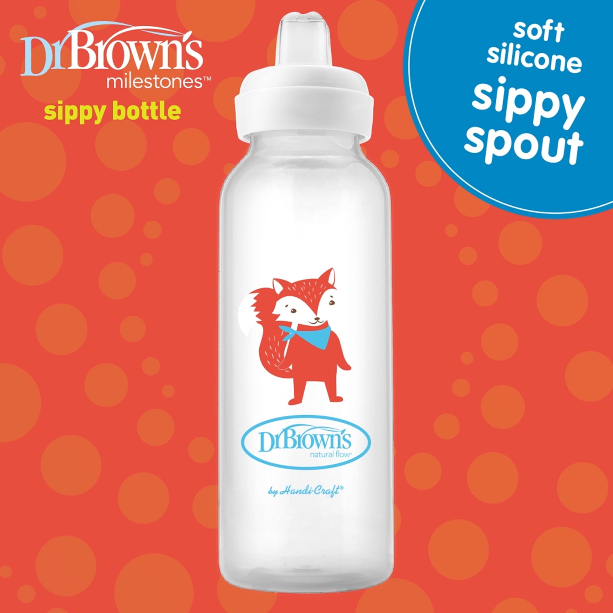 Dr. Brown's Milestones Narrow Sippy Bottle, 100% Silicone Spout, 8oz/250ml, 6m+, BPA Free, Fox/Lion, 2 Pack