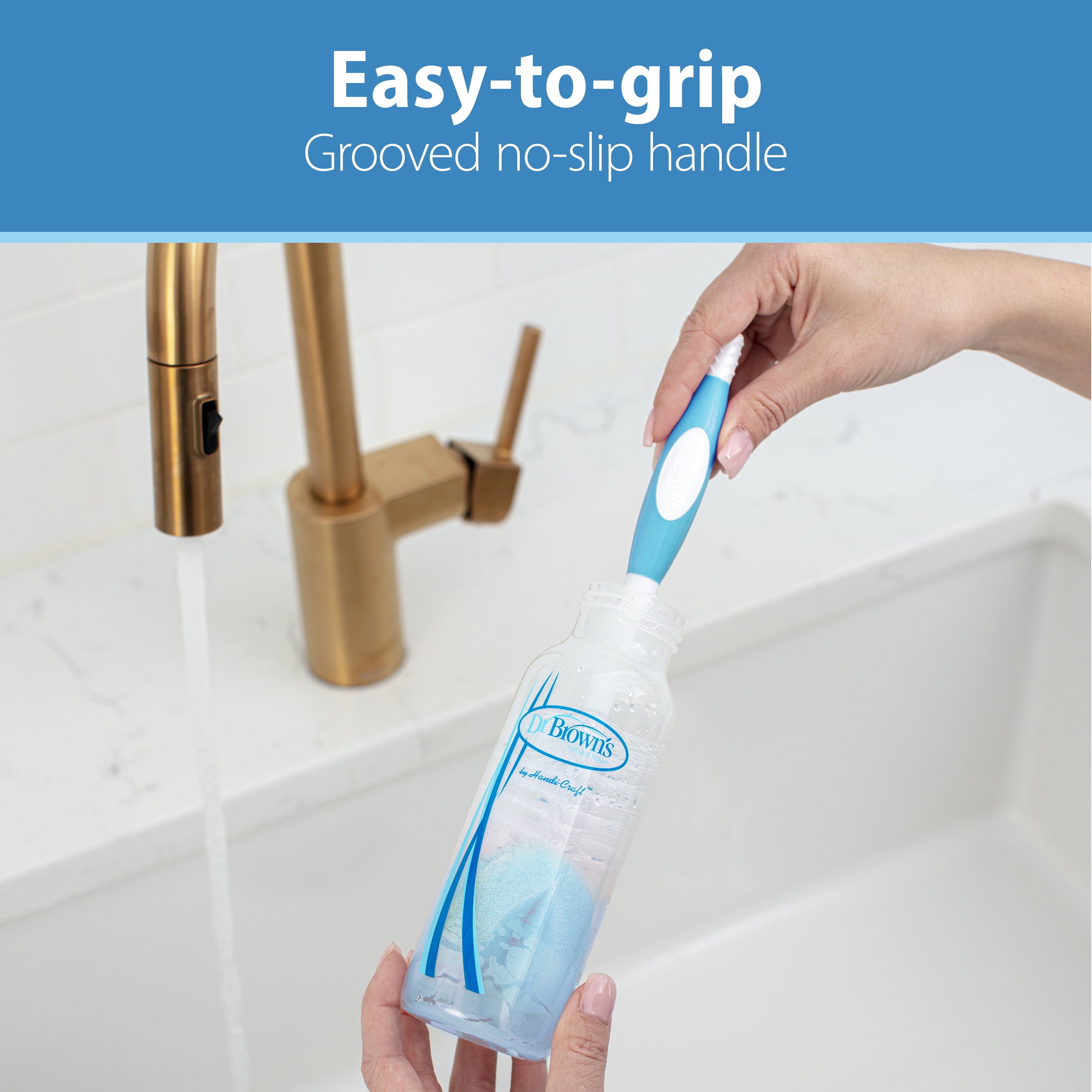 Dr. Brown's Baby Bottle Brush with Suction Cup Stand, Sponge, Scrubber and Nipple Cleaner Blue, 1 Pack