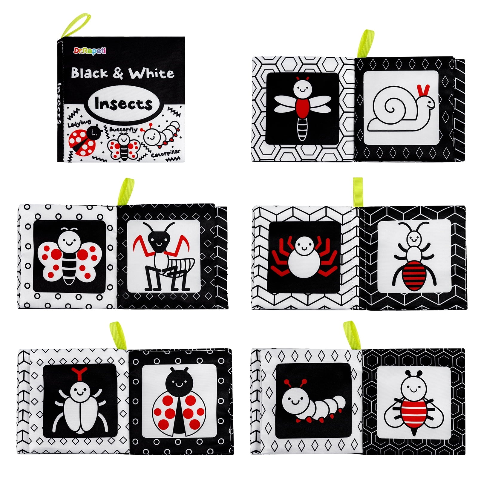 Dr.Rapeti Soft Cloth Books Baby Books Bath Books 6-Pack for Baby Infant Toddler Kids High Contrast Black and White Crinkle Washable Giftable