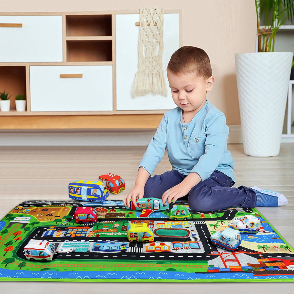Dr.Rapeti Soft Toy Car Set for Baby Infant Toddler Kid 1 Play Mat 10 Soft Toy Cars 47x30inches Washable Gift