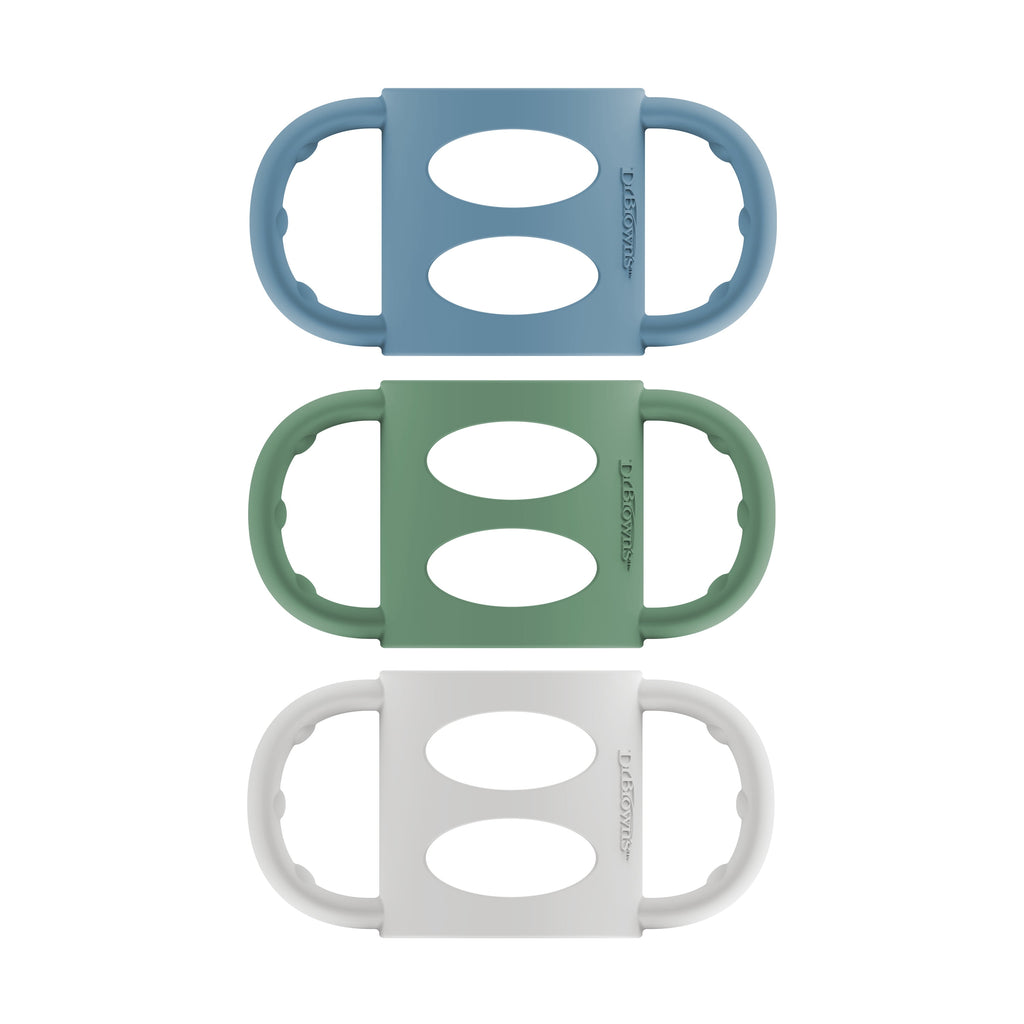 Dr. Brown's Milestones 100% Silicone Baby Bottle Handles, Narrow, 4m+, Light Blue/Green/Gray, 3 Pack