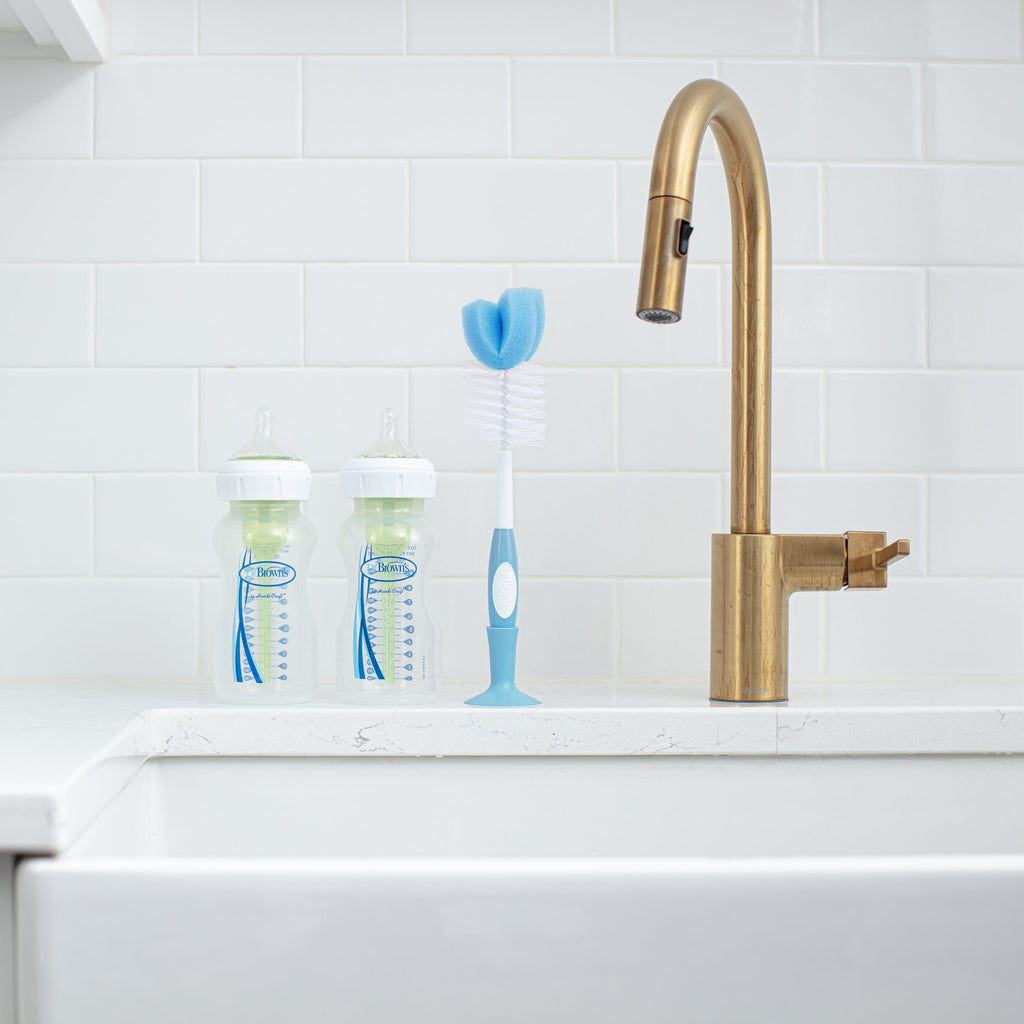Dr. Brown's Baby Bottle Brush with Suction Cup Stand, Sponge, Scrubber and Nipple Cleaner Blue, 1 Pack