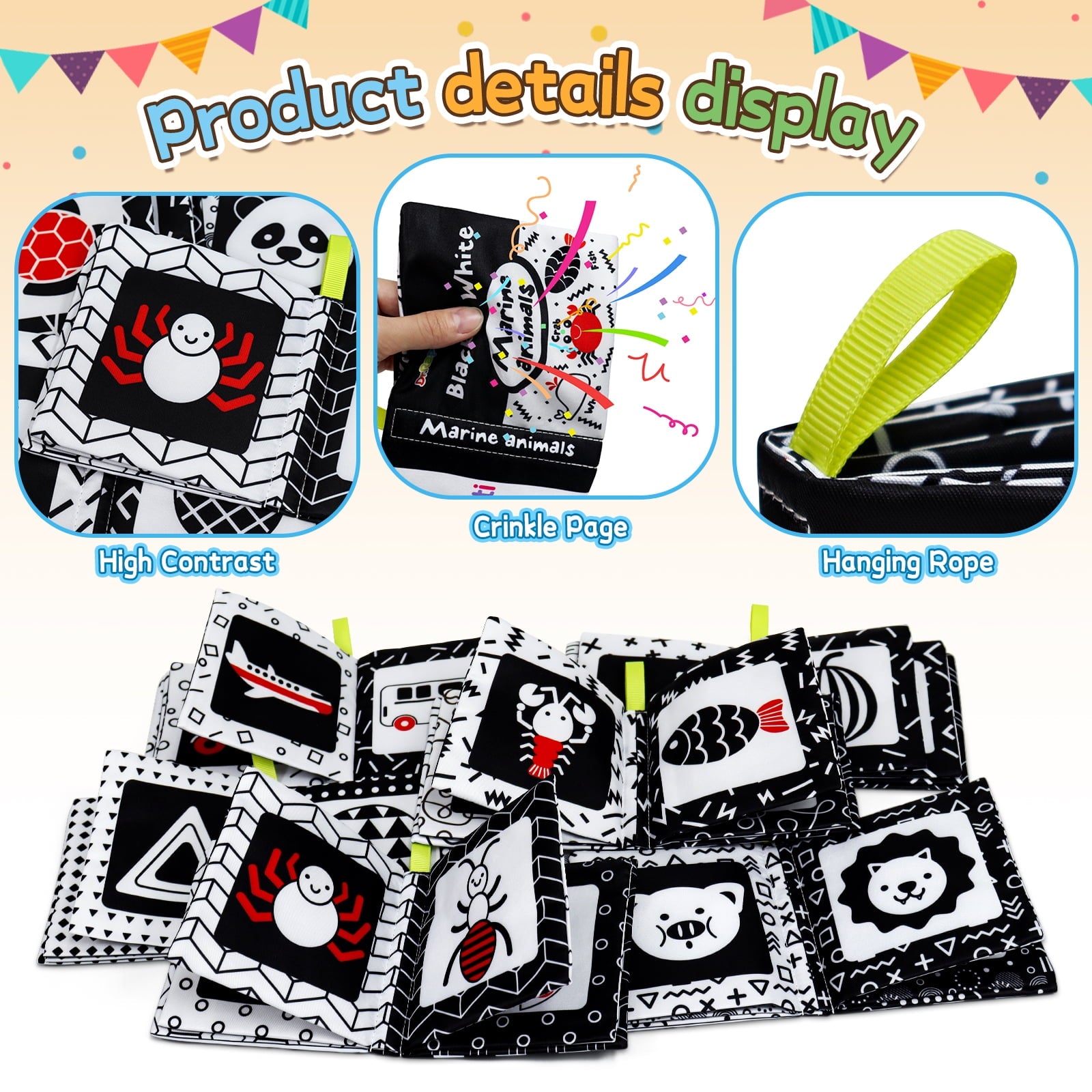 Dr.Rapeti Soft Cloth Books Baby Books Bath Books 6-Pack for Baby Infant Toddler Kids High Contrast Black and White Crinkle Washable Giftable