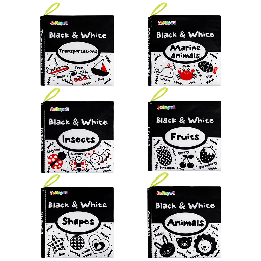 Dr.Rapeti Soft Cloth Books Baby Books Bath Books 6-Pack for Baby Infant Toddler Kids High Contrast Black and White Crinkle Washable Giftable