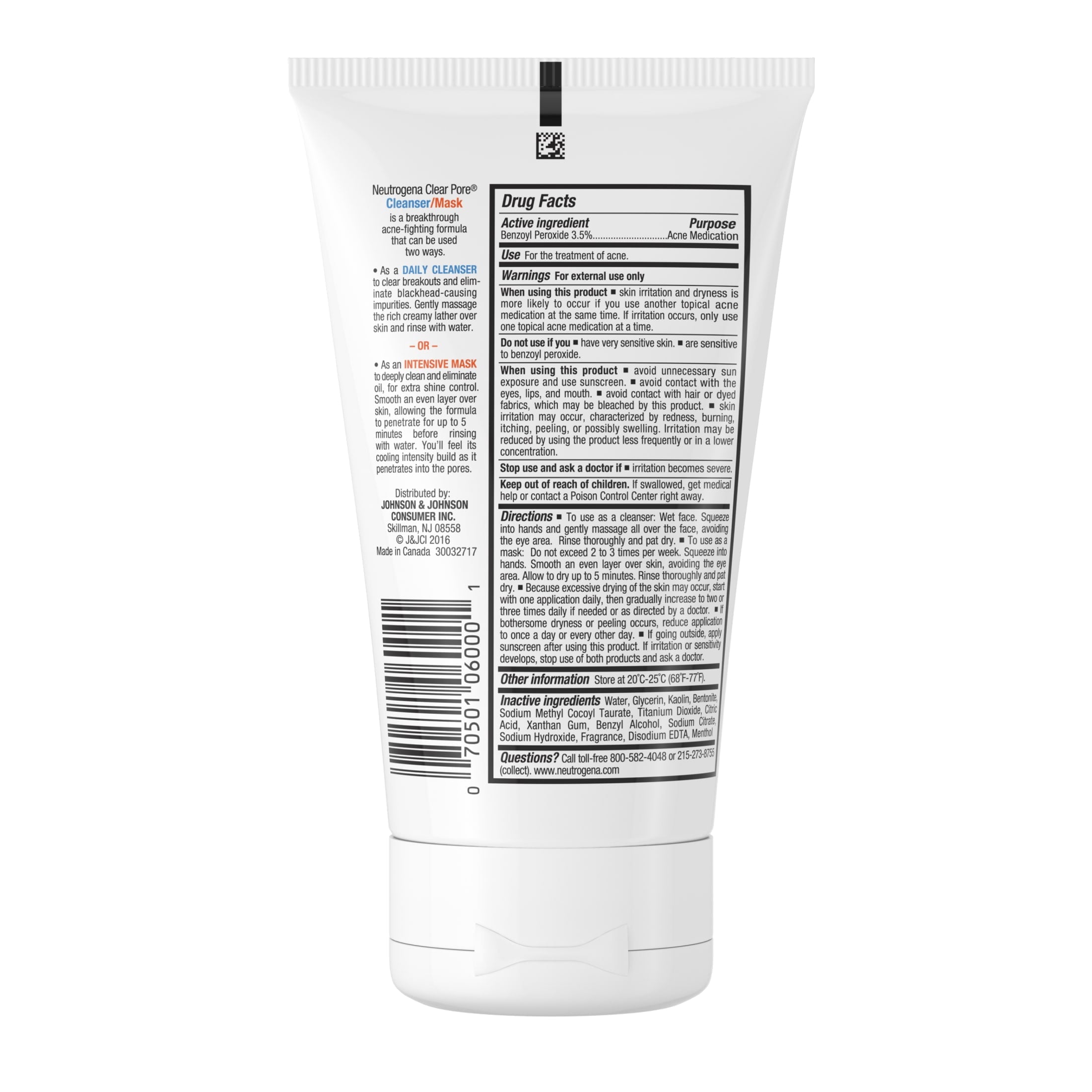 (3 pack) Neutrogena Clear Pore 3.5% Benzoyl Peroxide Face Wash & Acne Treatment Mask, 4.2 fl oz