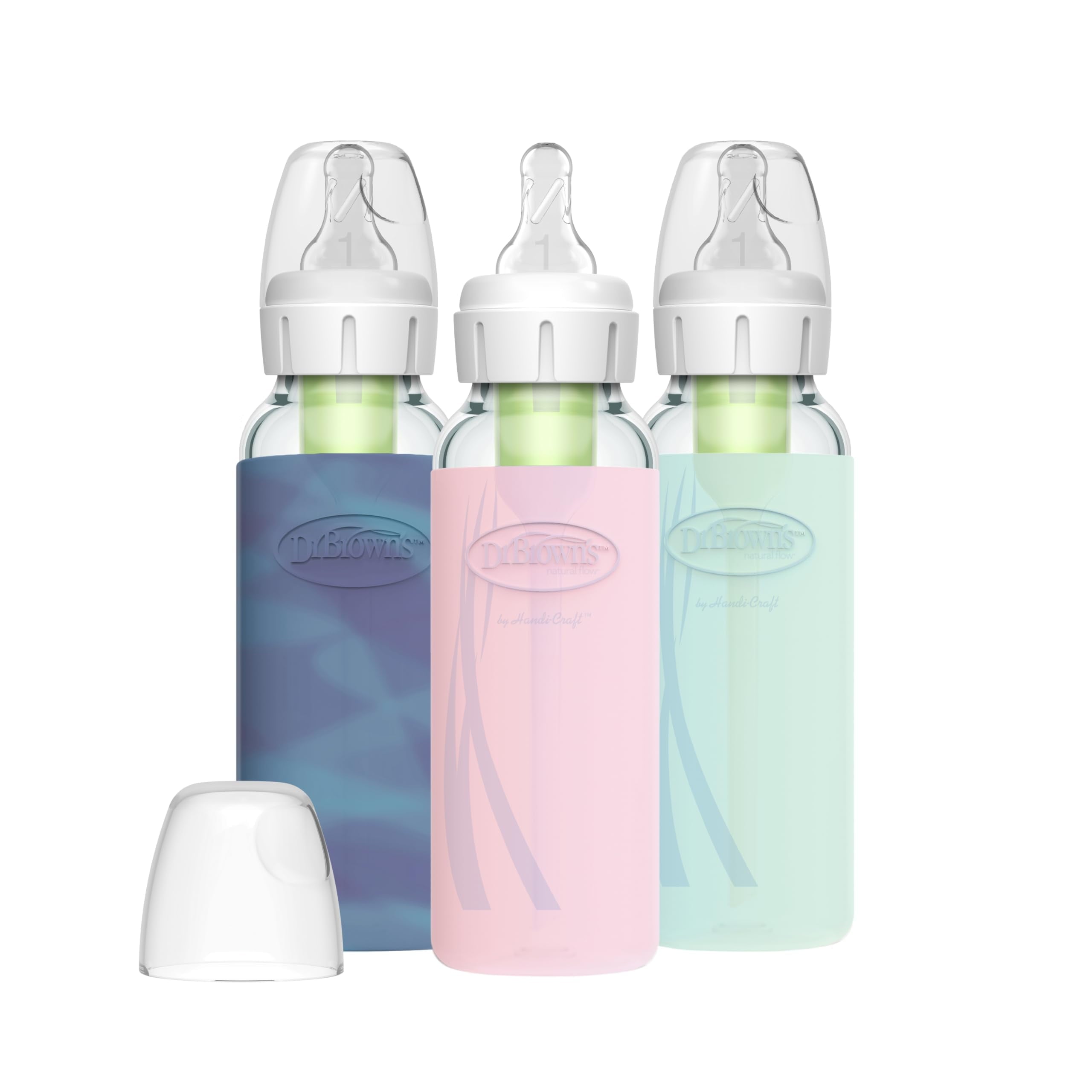 Dr. Brown's Natural Flow Anti-Colic Options+ Narrow Glass Baby Bottle, 8oz, Pink/Glow Sleeves, 3 Pack