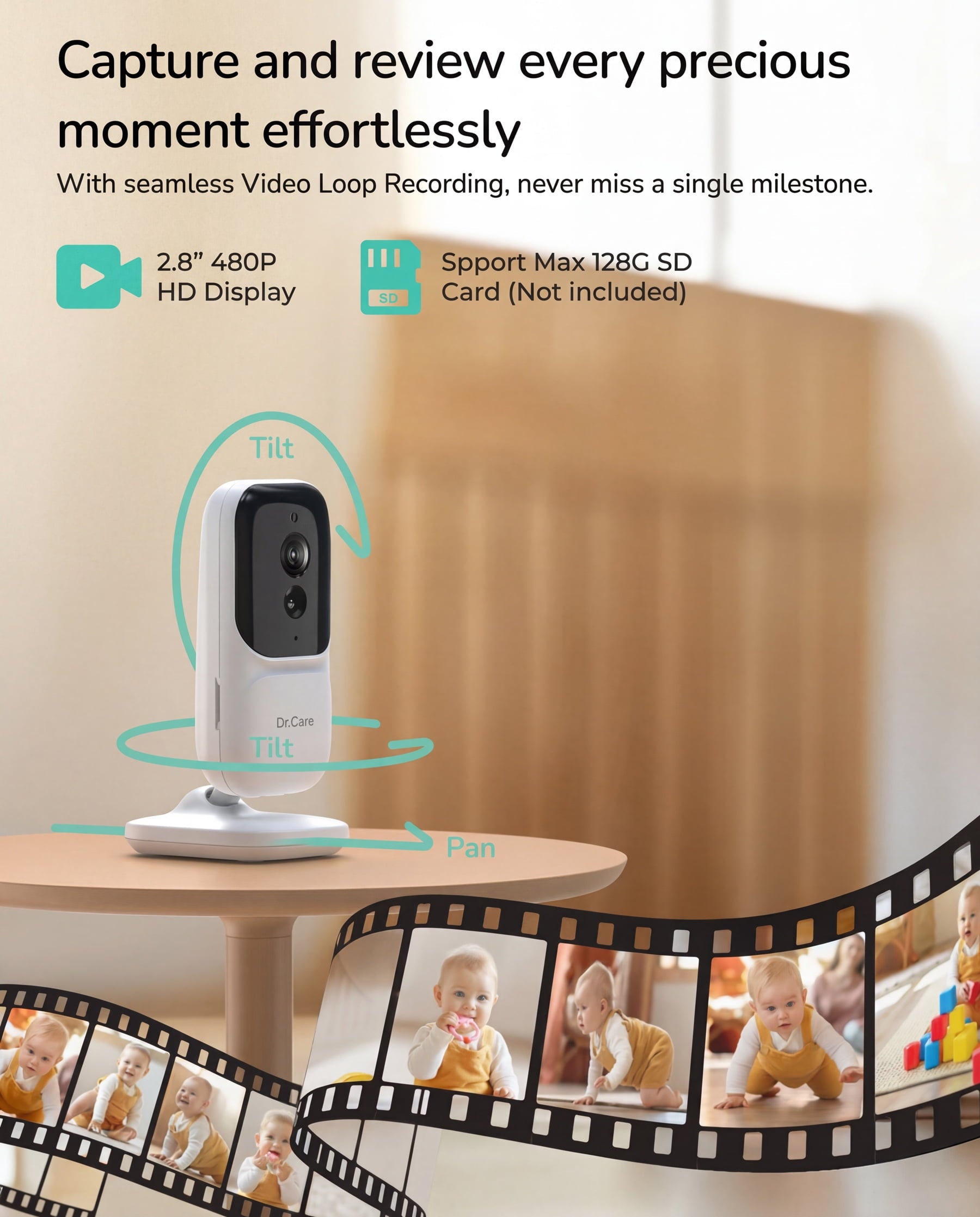 Dr.Care 2.8" HD Video Baby Monitor with 2 Camers, Night Vision, 2-Way Talk, Real Time, VOX , Temperature