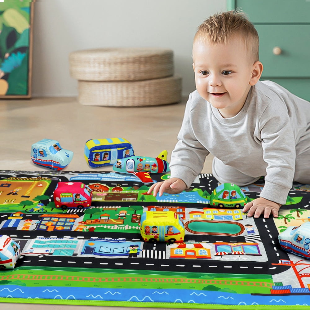 Dr.Rapeti Soft Toy Car Set for Baby Infant Toddler Kid 1 Play Mat 10 Soft Toy Cars 47x30inches Washable Gift