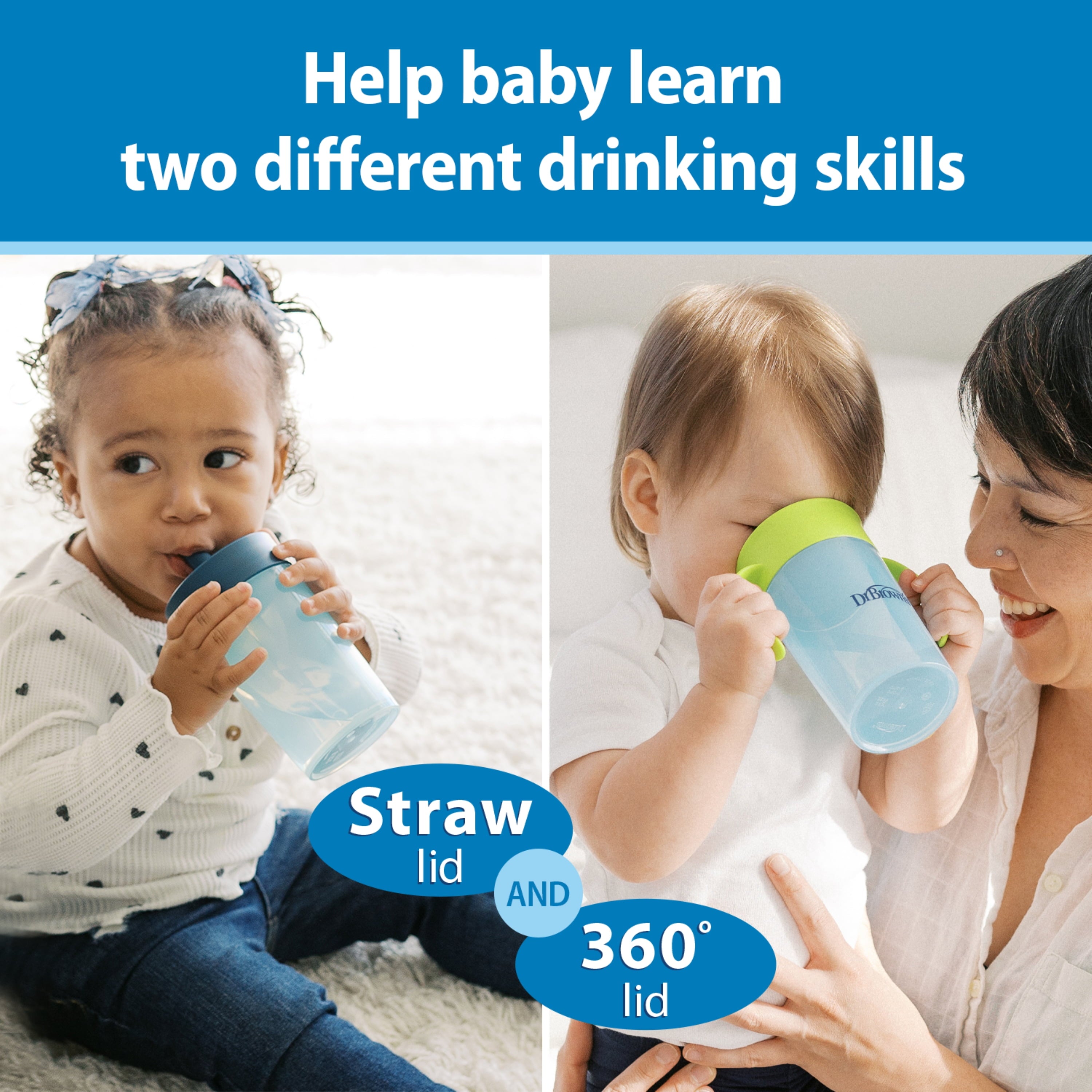 Dr. Brown's Milestones Straw-to-360 Convertible Toddler Cup Set, Blue/Green, 10 oz, 9m+, 1 Pack