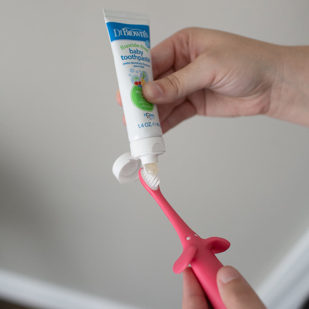 Dr. Brown's Infant to Toddler Training Toothbrush, Pink Elephant + Apple Pear Baby Toothpaste, 0-3Y